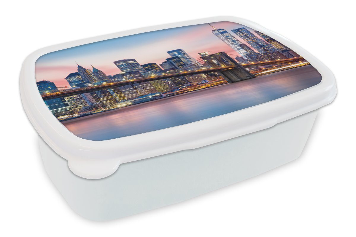 MuchoWow Lunchbox New York - Brooklyn-Brücke - Beleuchtung, Kunststoff, (2-tlg), Brotbox für Kinder und Erwachsene, Brotdose, für Jungs und Mädchen weiß
