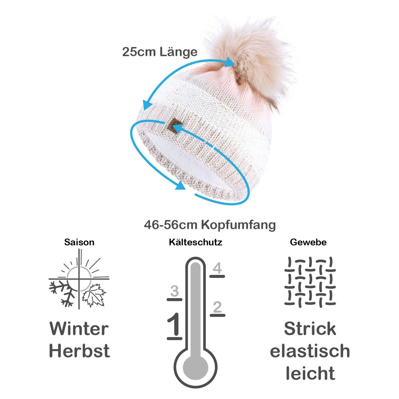 Faera Bommelmütze (1-St) Bommelmütze Wintermütze gefüttert Grobstrick Fleecefutter Beanie