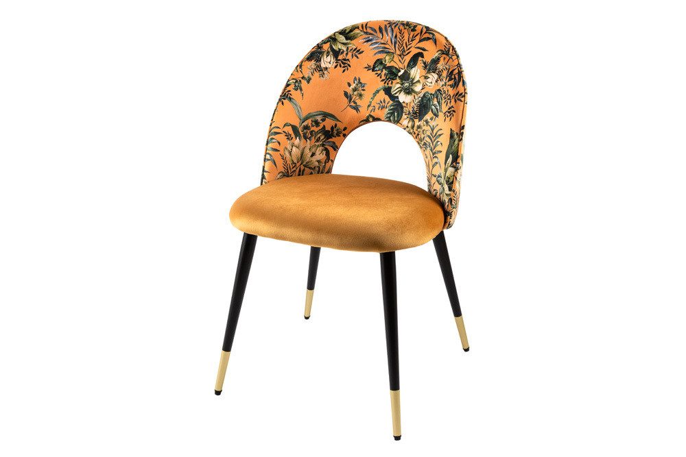 riess-ambiente Esszimmerstuhl PRÊT-À-PORTER gelb/schwarz – Samt, florales Muster, goldene Fußkappen (Einzelartikel, 1 St), Retro-Stuhl mit Glamour-Effekt – ideal für Esszimmer oder Büro