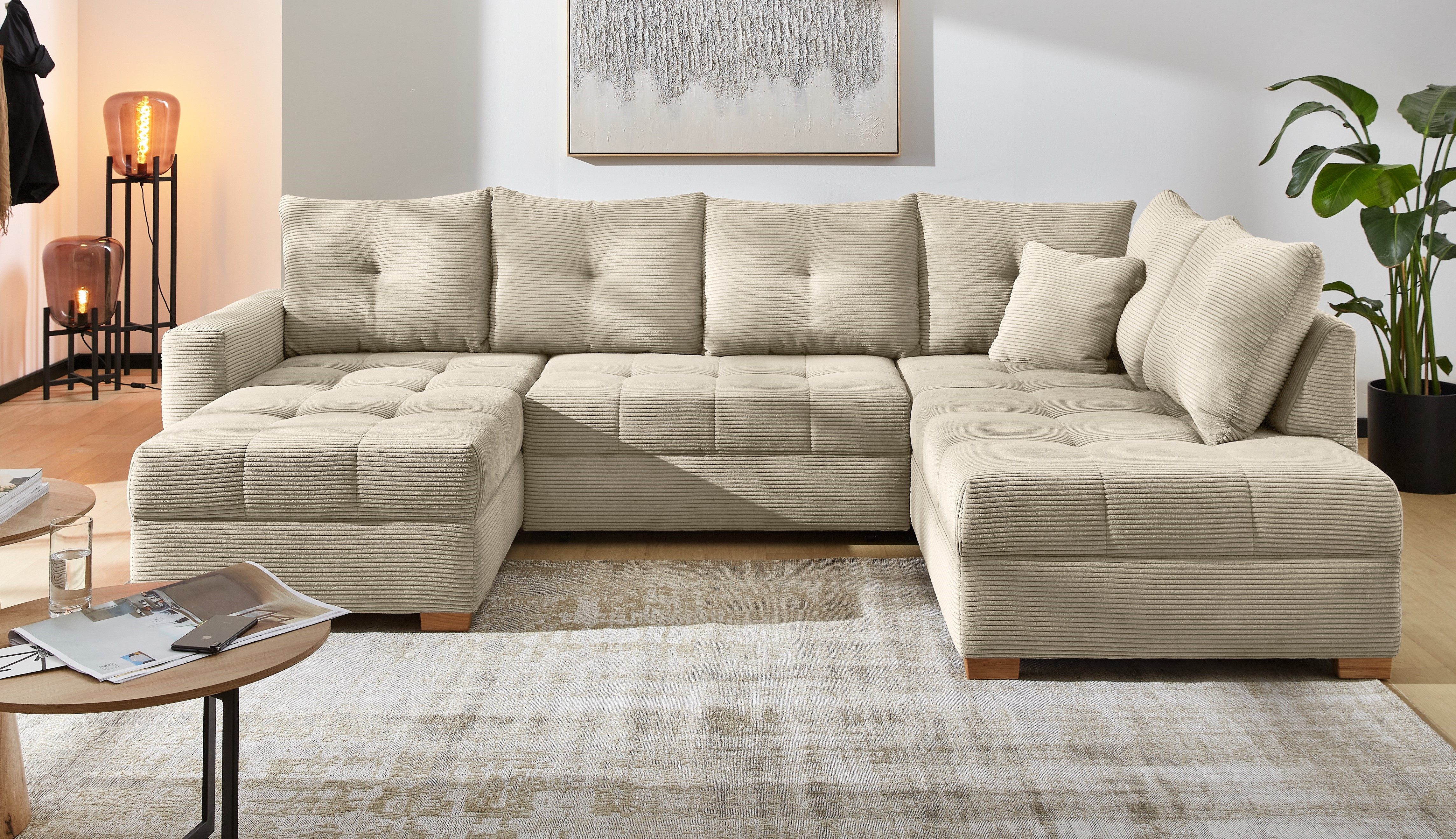Jockenhöfer Gruppe Wohnlandschaft Abby U-Form, B: 313 cm, inkl. Schlaffunktion, inkl Bettkasten, große Liegefläche 273x147cm, Massivholz Füße