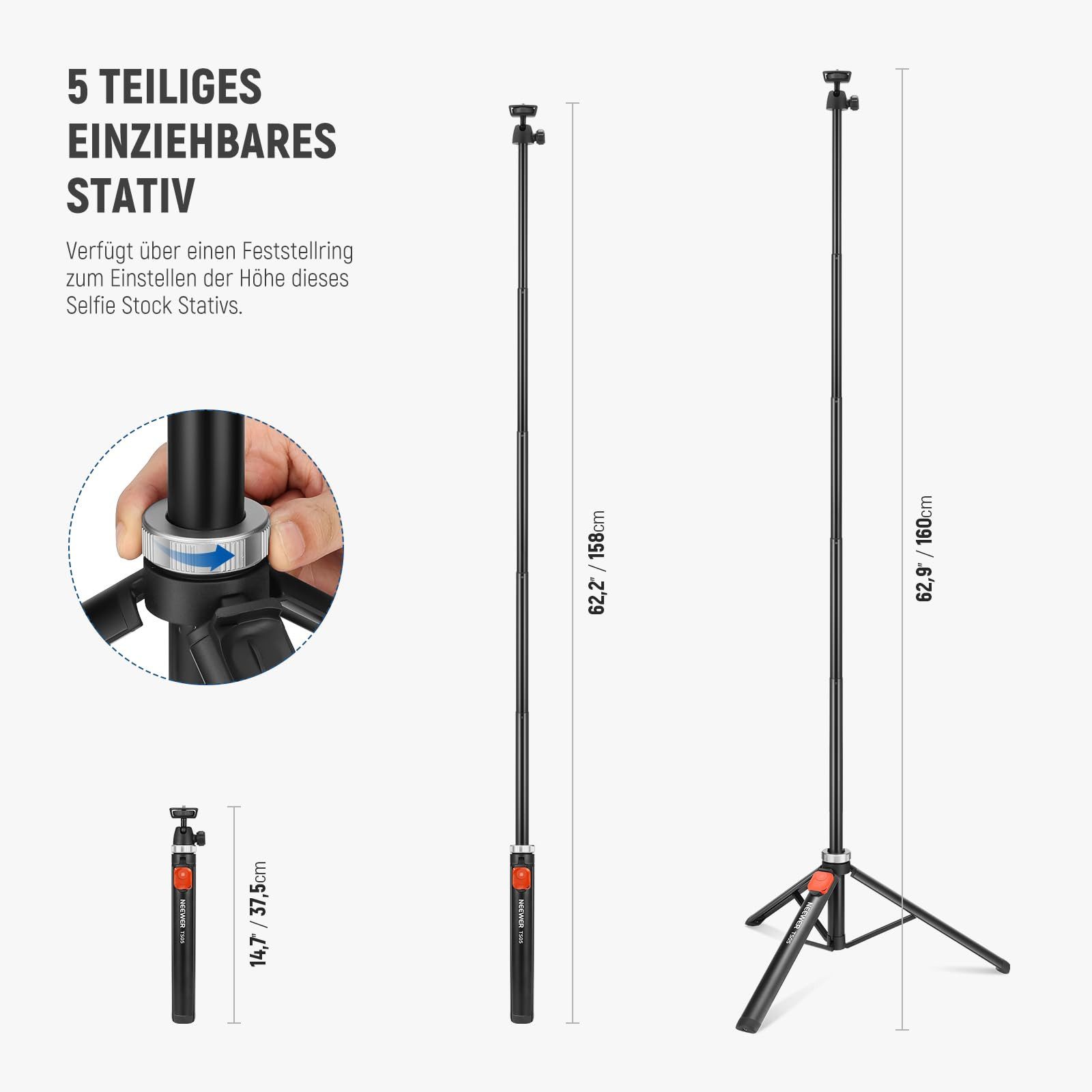 Neewer TS05 160cm Handystativ mit Fernbedienung, für iPhone, Kameras & GoPro Handstativ (Reisestativ für Handys und Kameras vor)
