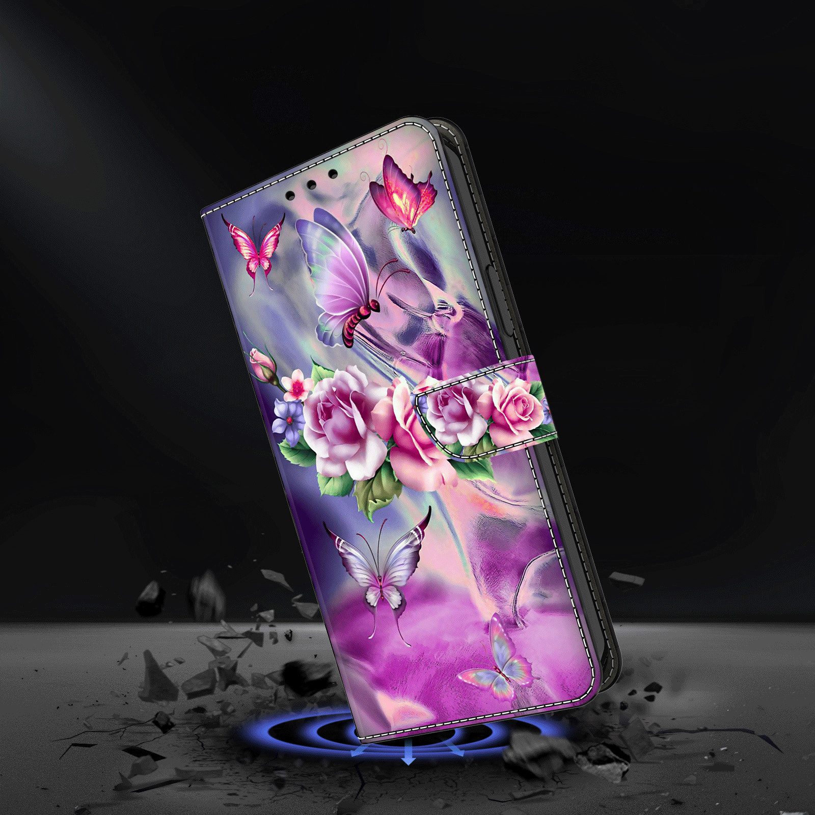 CLM-Tech Handytasche für Samsung Galaxy A56 5G Hülle aus PU-Leder Klapphülle (lila Blumen Schmetterlinge, Handyhülle mit Standfunktion - Wallet Flip Case inklus – Bild 5 von 5