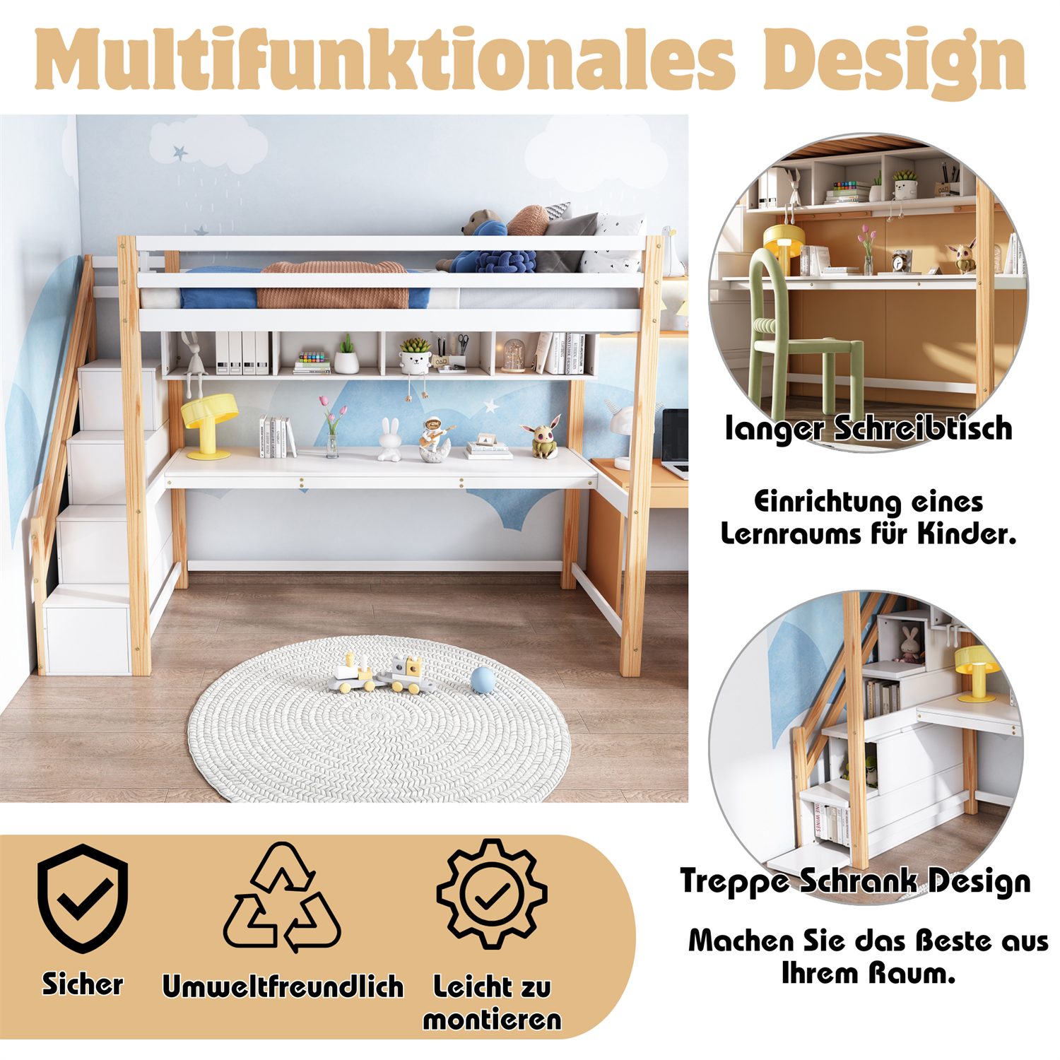 autolock Hochbett Kinderhochbett mit Stauraumtreppe 90*200cm, günstig online kaufen