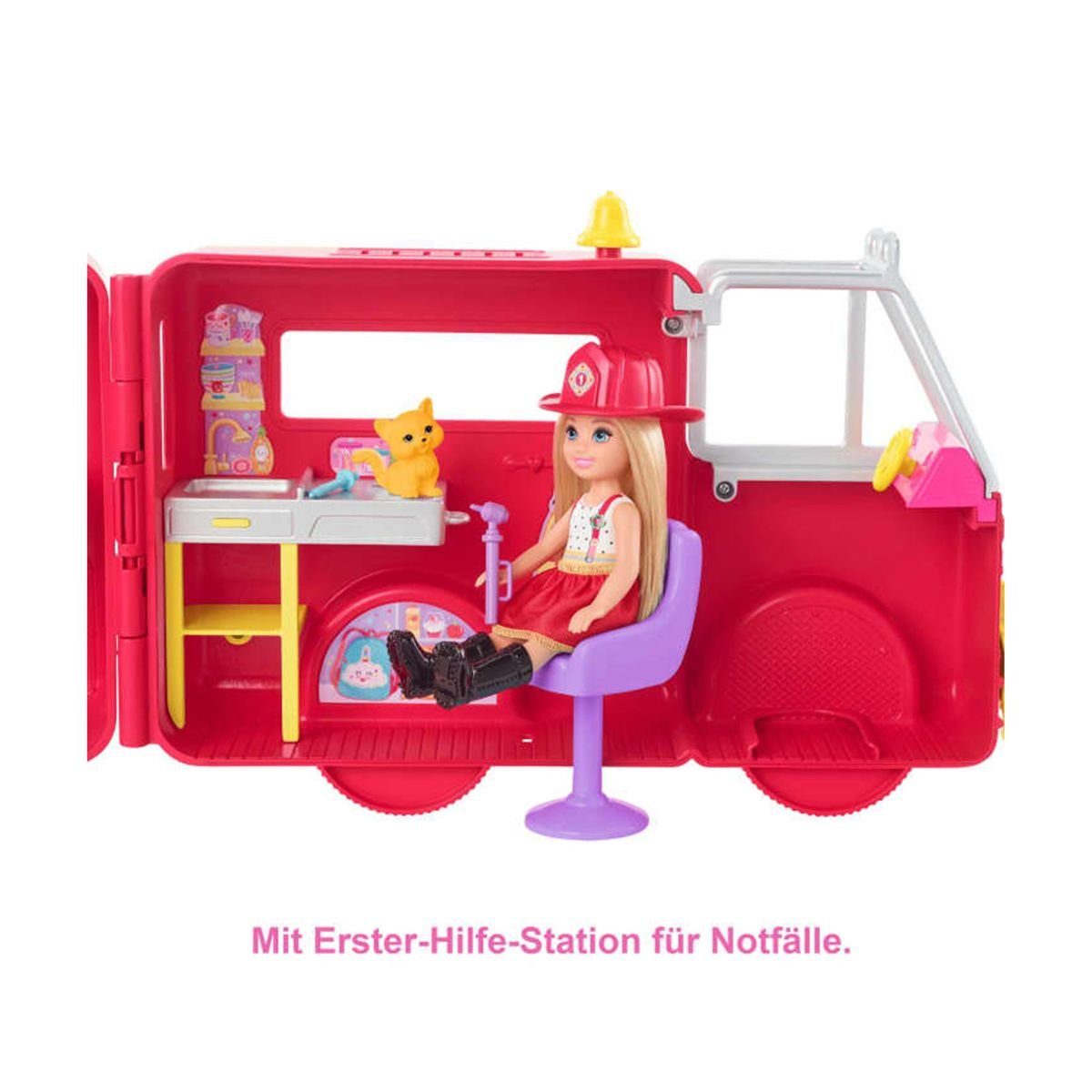 Fahrzeug - be... Mattel - mit Spielset Zubehör, Puppen HCK73 Mattel can - GmbH Feuerwehrauto Mattel® Barbie Chelsea