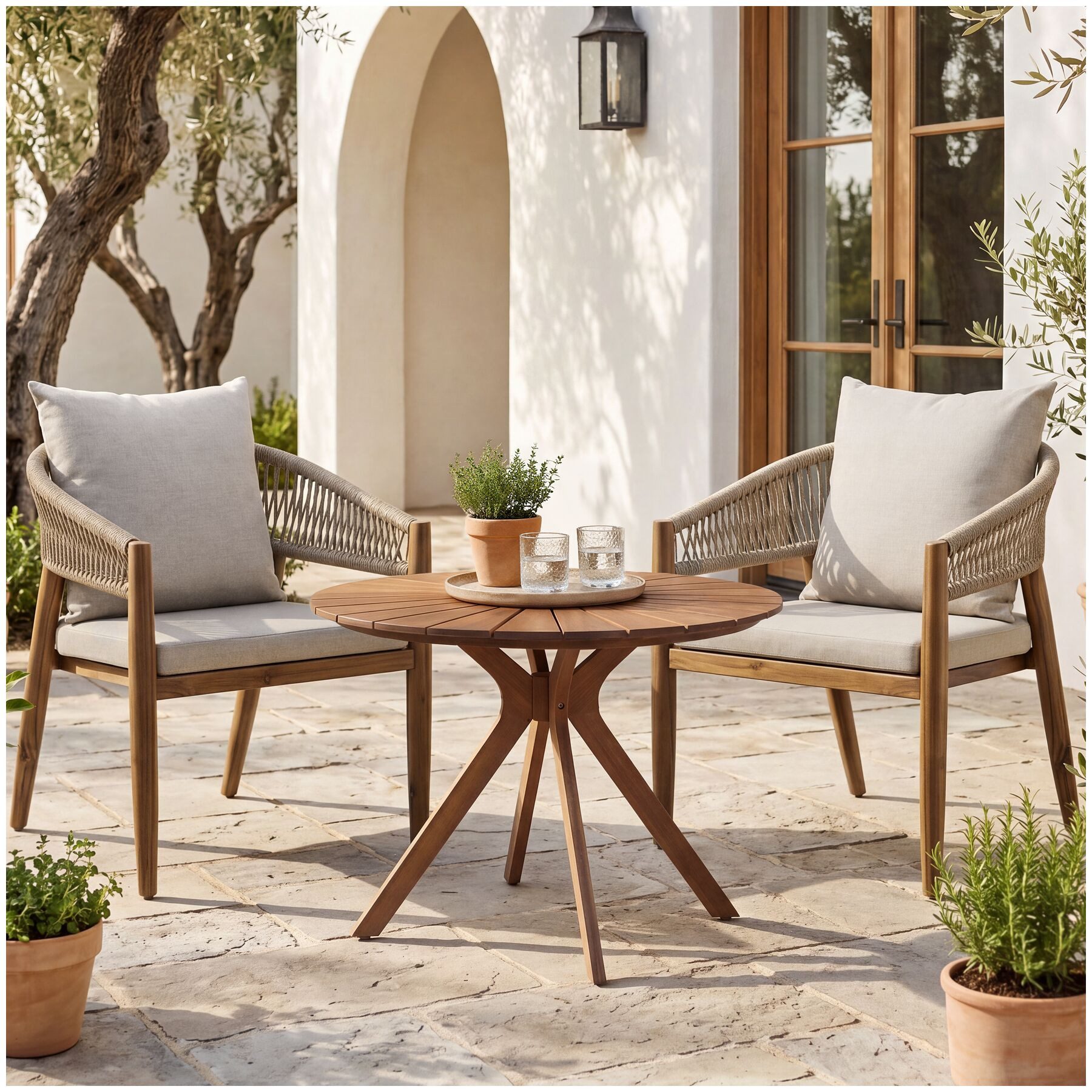 tectake Gartenlounge-Set Runder Tisch aus Akazienholz mit Sonnenmuster, wetterfest, (Set., 3-tlg., in Sand), wasserabweisende Polyesterbezüge, Inkl. Polster und Kissen