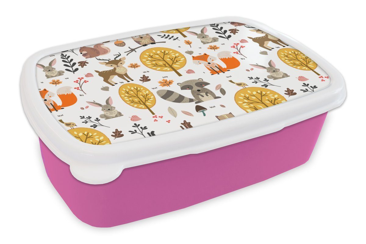 MuchoWow Lunchbox Design - Tiere - Wald, Kunststoff, (2-tlg), Brotbox für Erwachsene, Brotdose Kinder, Snackbox, Mädchen, Kunststoff rosa