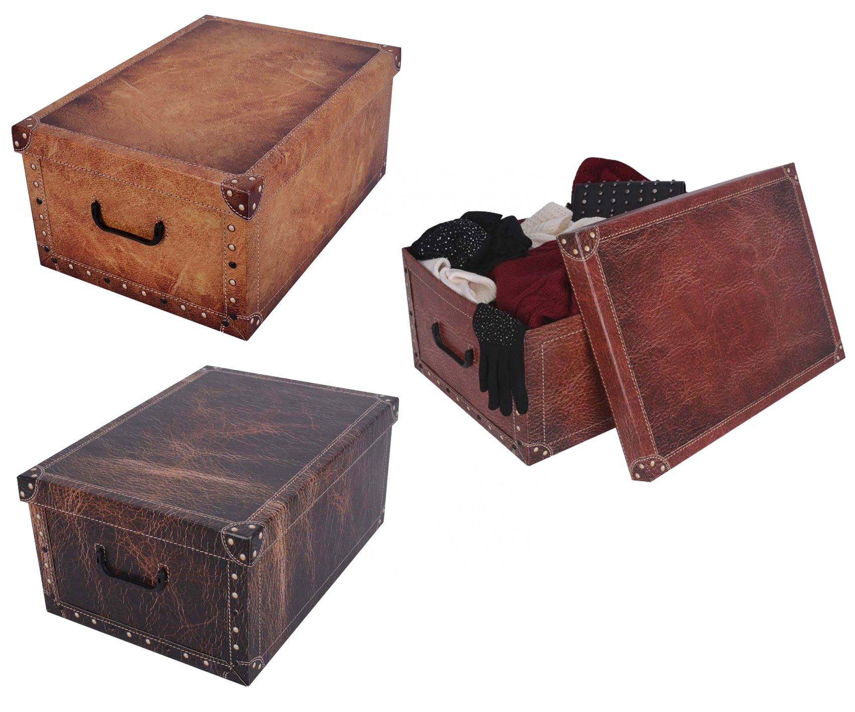 Aufbewahrungsbox 3 x Dekokarton - Motiv: Lederoptik Hellbraun, Dunkelbraun, Rotbraun