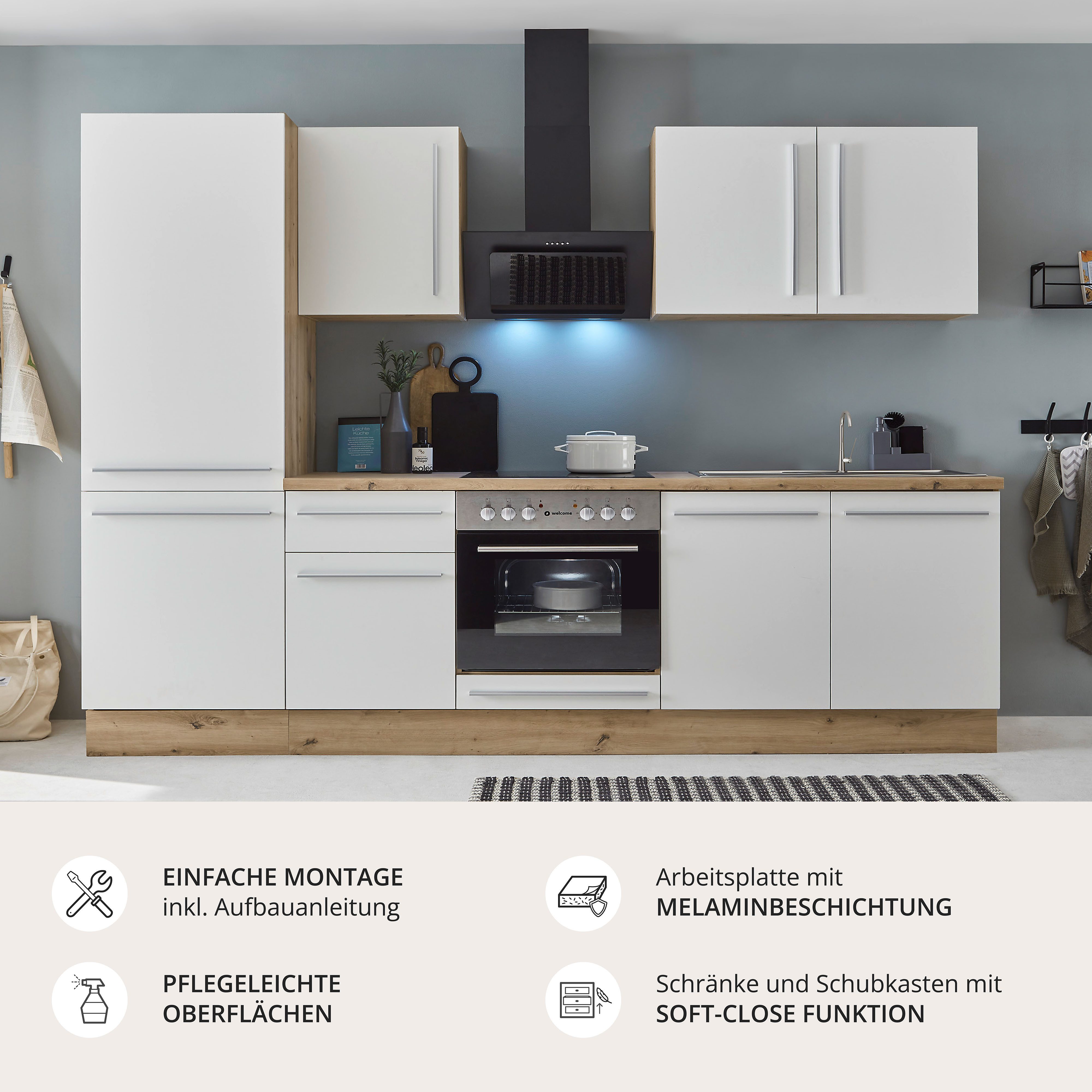 KOCHSTATION Küchenzeile KS-Florida mit 38mm starker Arbeitsplatte, Breite 270 cm, wahlweise mit E-Geräten, Soft-Close-Funktion