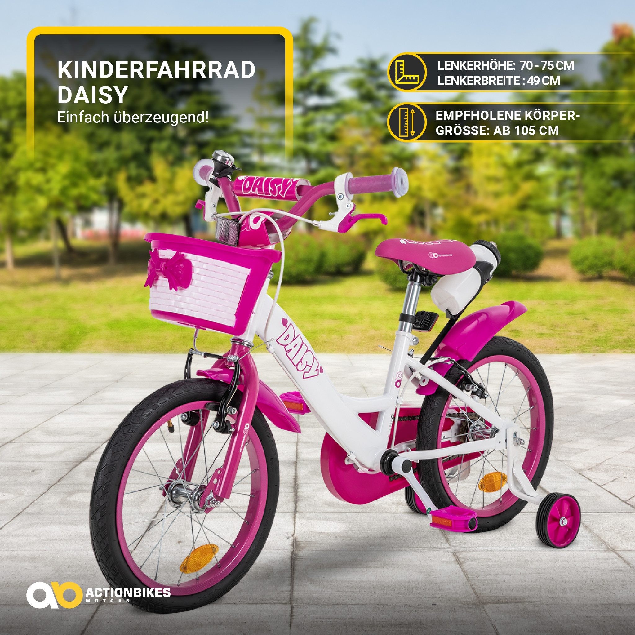 Actionbikes Motors Kinderfahrrad Daisy Fahrrad für Mädchen inkl. Trinkflasche und Korb, 1 Gang, (Kinderfahrrad ab 3 Jahre, Fahrrad Kinder, Kinderfahrrad 20 Zoll)