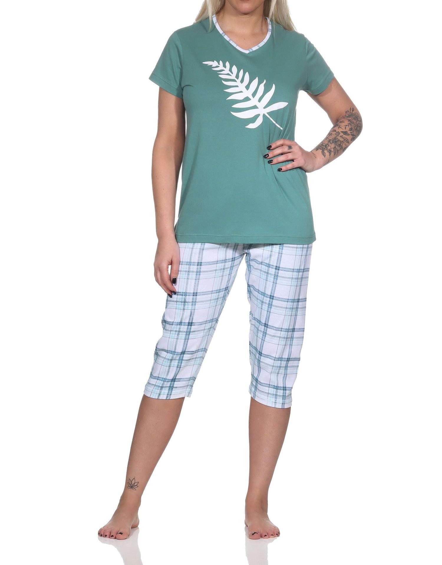 Normann Pyjama Eleganter Damen Capri Pyjama mit karierter ¾ Hose und Frontprint