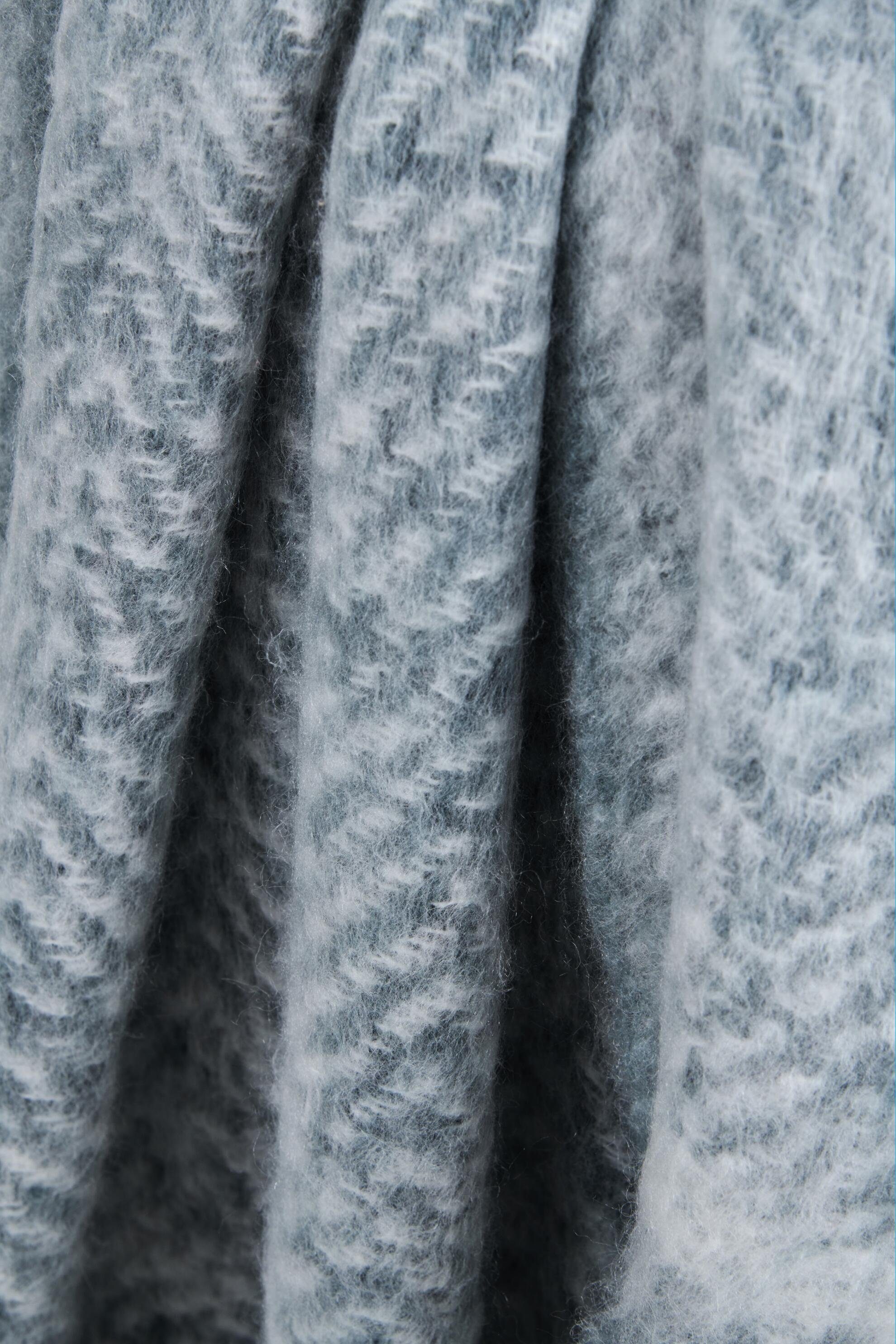 Blaugrau % Wolle, carla&marge, Tagesdecke / Blau cm, Wohndecke mit und in 25 130x170 Kuscheldecke Grau Jolba, weiche Fransen, Plaid
