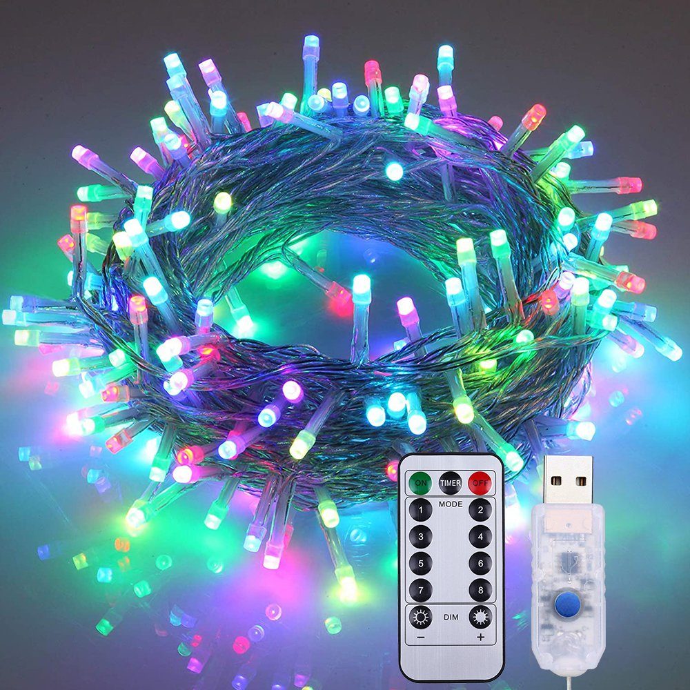 Rosnek LED-Lichterkette 7/12M, 8 Modi, dimmbar, wasserdicht, USB, für Weihnachten Terrasse, Timer; Fernbedienung;Geburtstag Hochzeit Korridor Multicolor