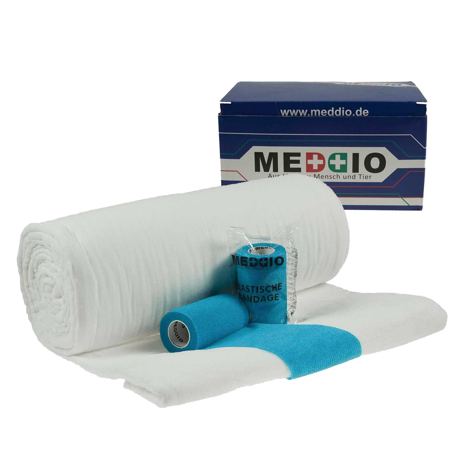 Pferdebandage Sparpaket Mullwatterolle 40cm + 12 Haftbandagen 10cm hellblau