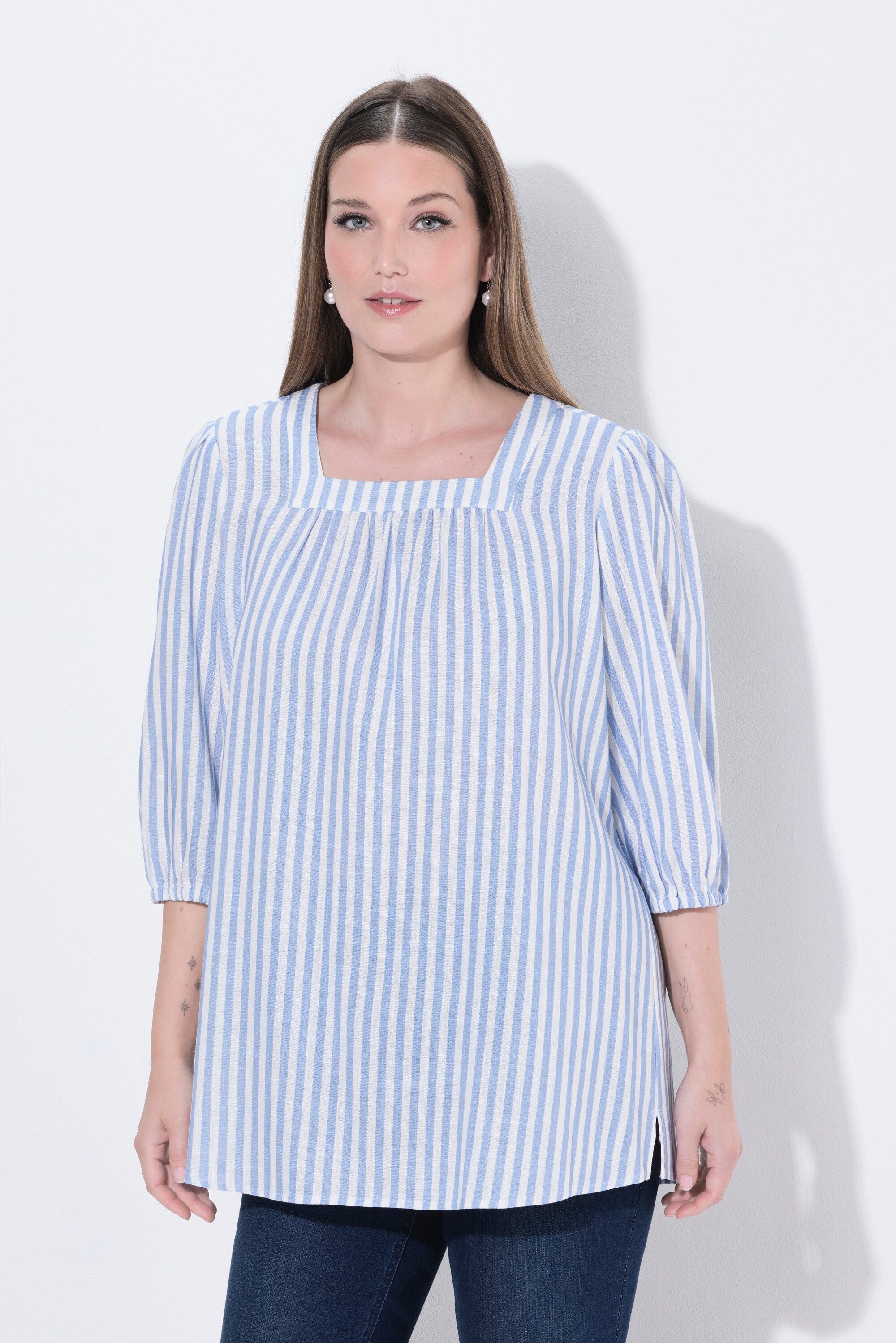 Ulla Popken Longbluse Bluse Streifen Carré-Ausschnitt 3/4-Arm Leinenmix günstig online kaufen