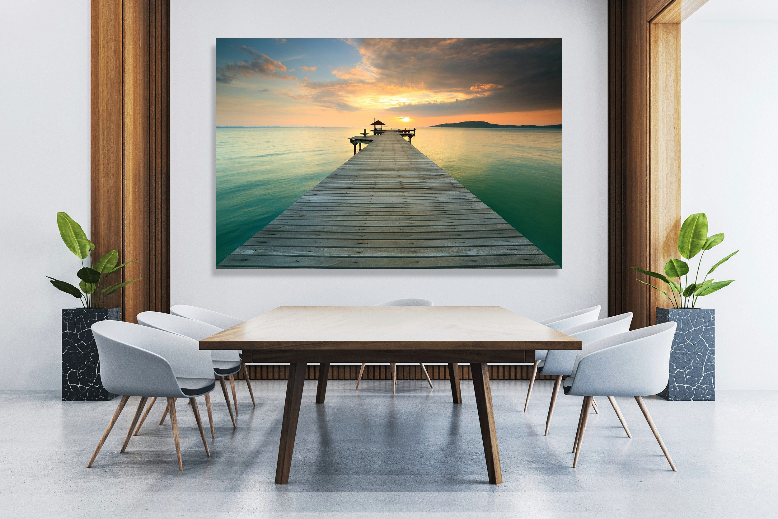 queence XXL-Wandbild Akustikbild Steg Bali Sonnenuntergang, Bilder vom Sonnenuntergang & -aufgang, Bilder von Asien, Gewässer, Meer, Natur, Steg, Wolken (1 St), Einfache Akustiklösung ohne Baumaßnahme, Schalldämmung, Paneele