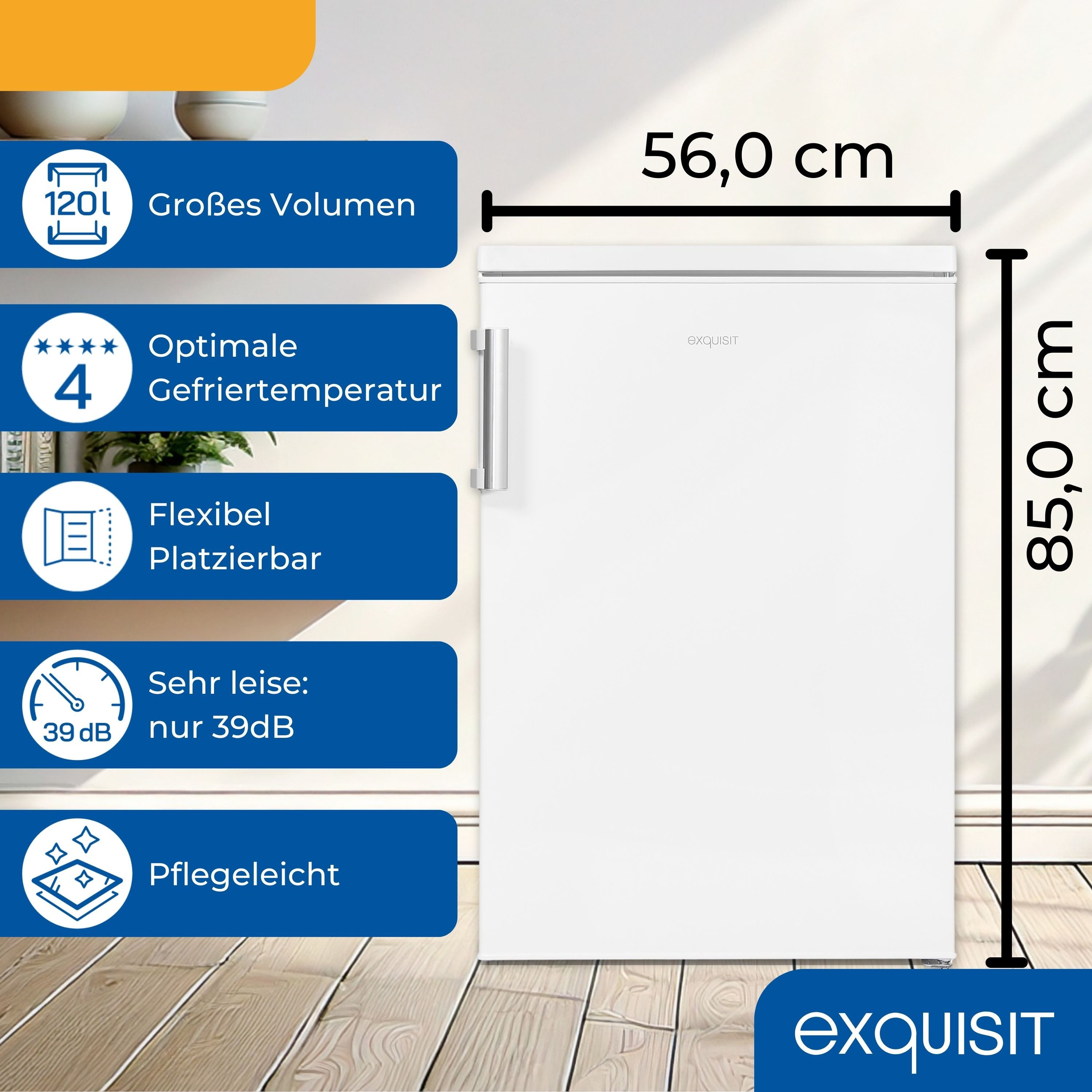 exquisit Kühlschrank KS516-4-H-010D, 85 cm hoch, 56 cm breit, 120 Liter, 39 dB, 4-Sterne-Gefrierfach, 2 Glasablagen