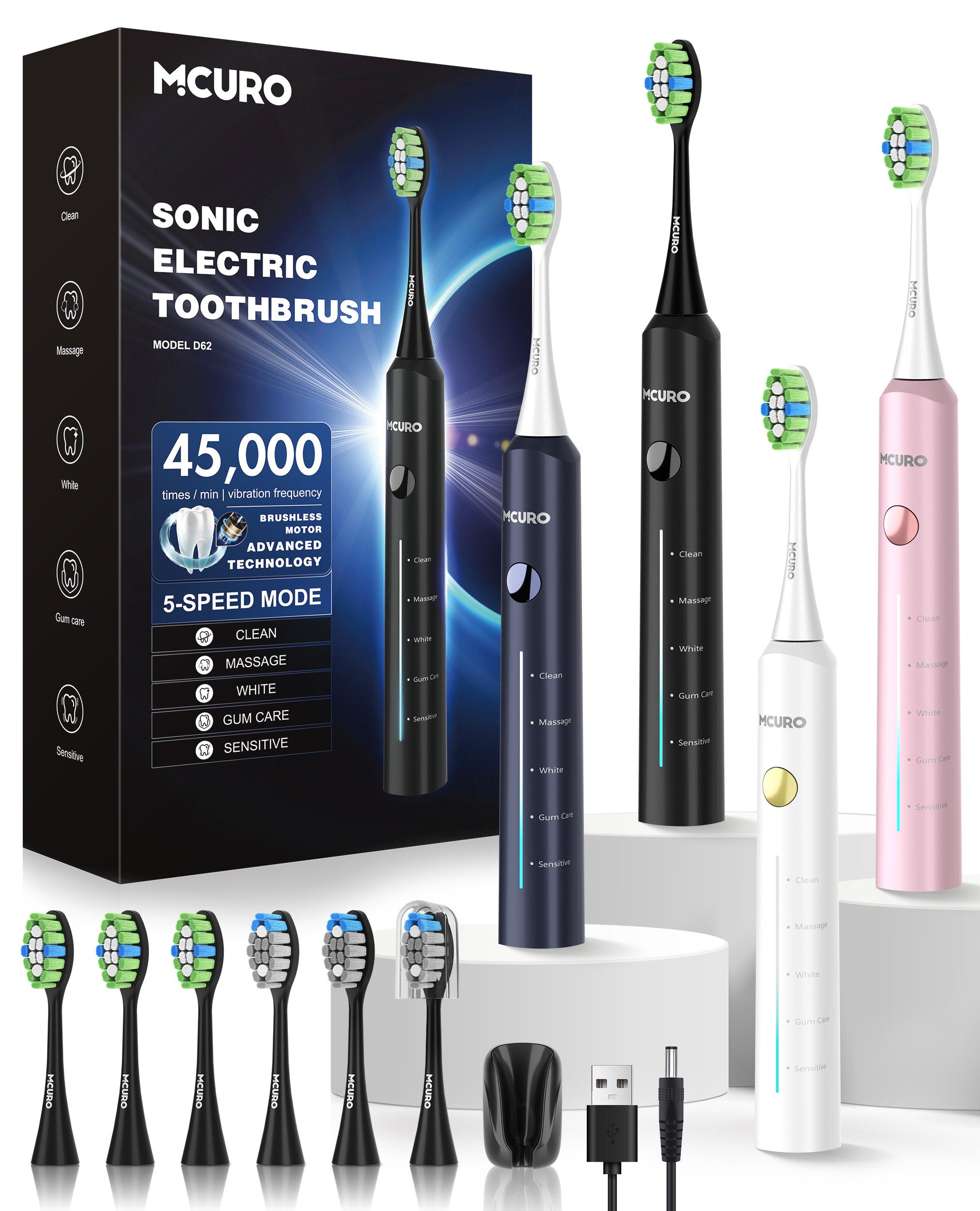 MCURO Schallzahnbürste Elektrische Zahnbürste 45.000 VPM für effektive Plaque-Entfernung, Aufsteckbürsten: 6 St., Reise Zahnbürsten mit starker Vibration und langer Akkulaufzeit, Electric toothbrush für Erwachsene 5 Putzmodi,Timer