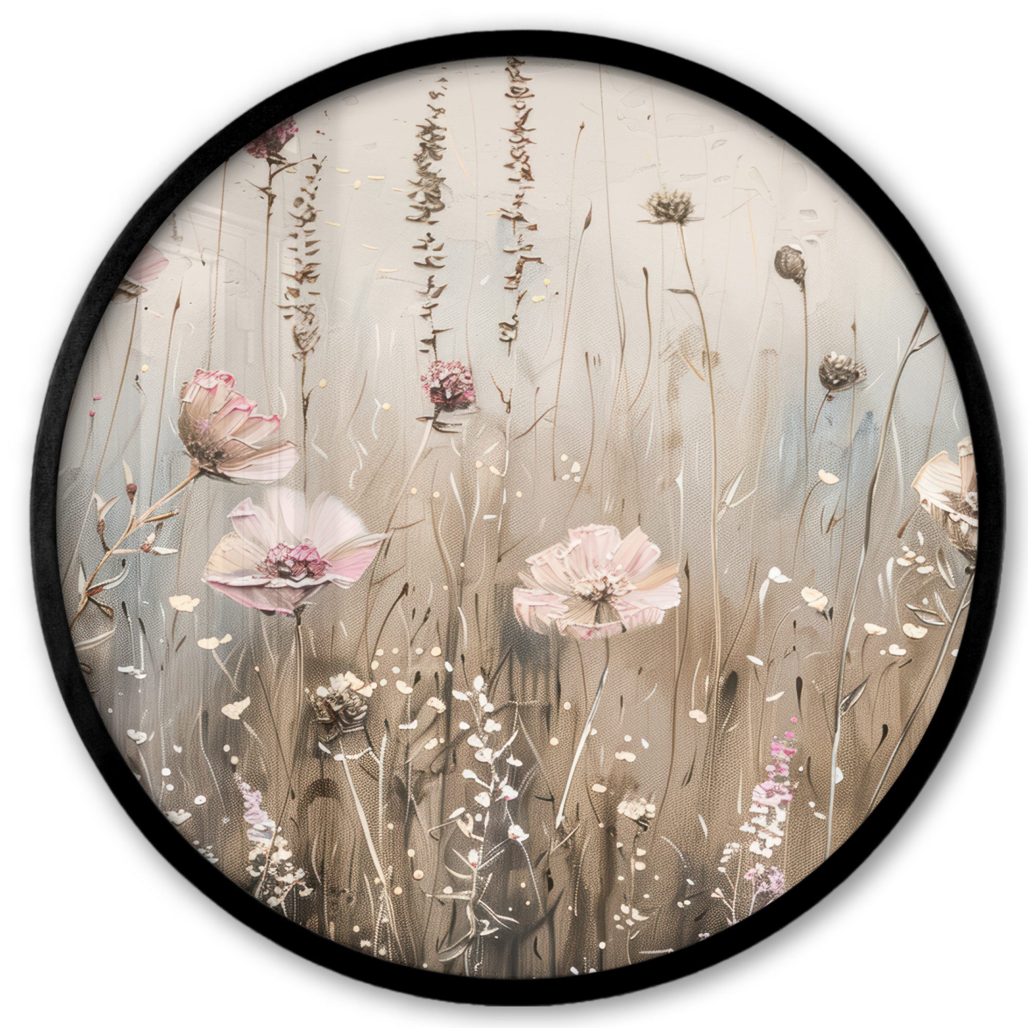 MuchoWow Poster Rund - Blumen - Rosa - Modern - Beige, (1 St), Runde Wandbilder, Deko für Wohnzimmer und Schlafzimmer, 40x40 cm