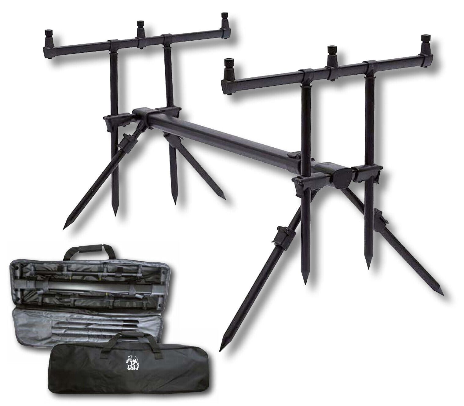 Behr Rutenständer Aluminium Rod Pod mit 3er Buzzer Bars + Tasche - Karpfen Angeln, (bis 1,35m ausziehbar)