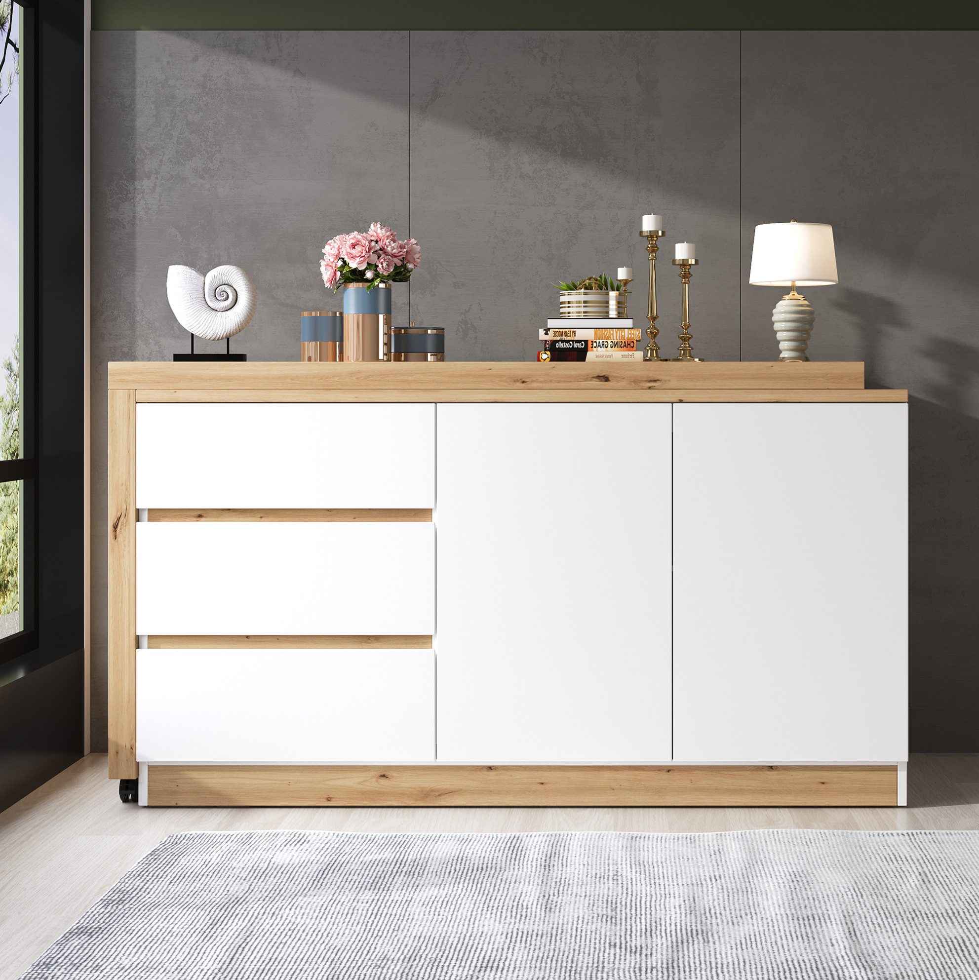 OKWISH Eckschreibtisch Kompakter Tisch – 120×78×50 cm mit Stauraum & Rollen (Packung, 1-St., Natur+Weiß, für Homeoffice & Schminkbereich), drehbare Platte, 3 Schubladen, 2 Türen, stabil