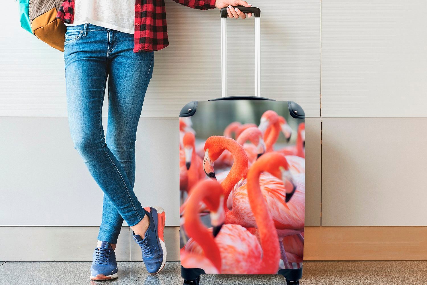 von auf Trolley, MuchoWow Reisekoffer 4 Handgepäck Nahrung, rollen, Reisetasche Suche der für Ferien, nach mit Handgepäckkoffer Flamingos Gruppe Rollen,