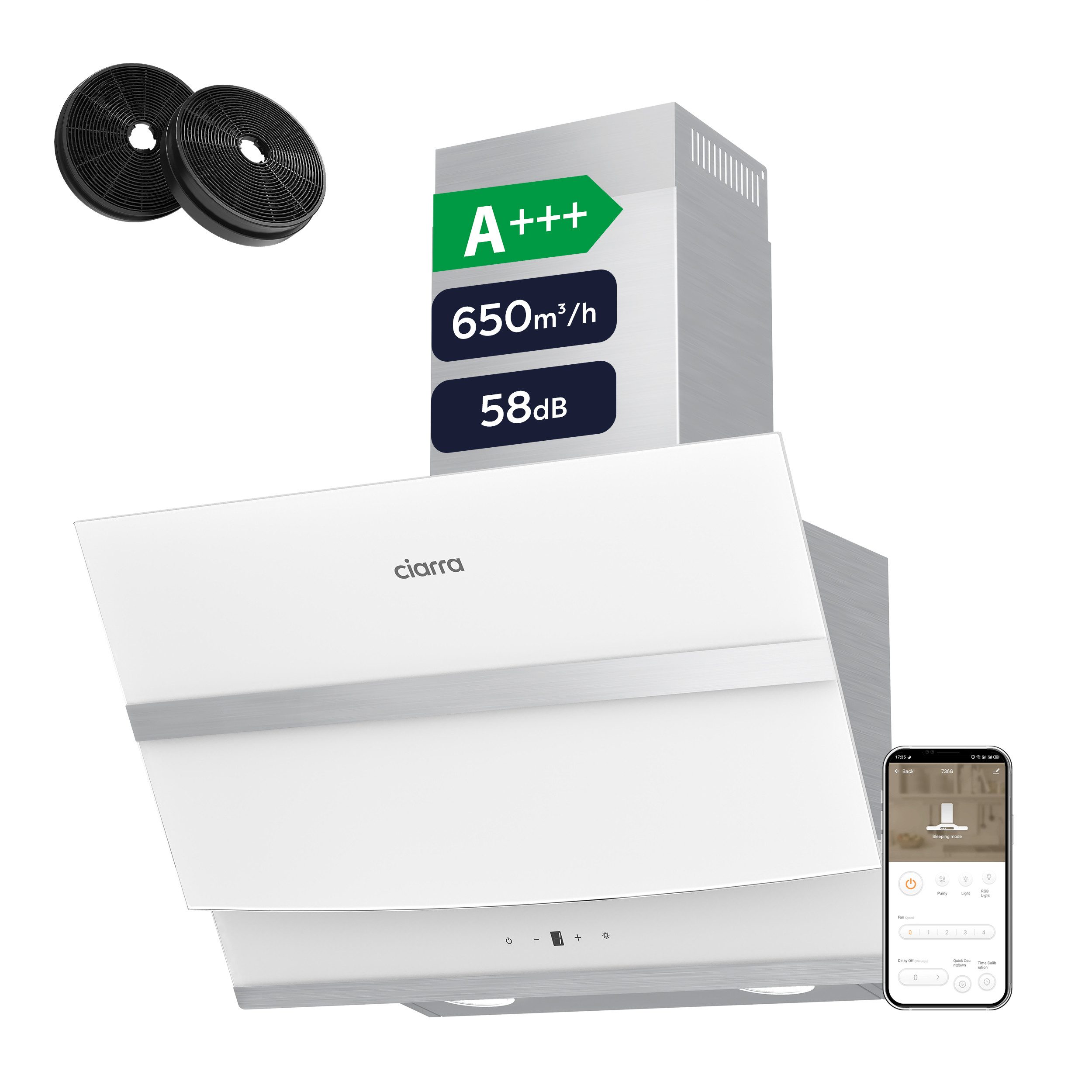 CIARRA Kopffreihaube VM6736NW VM6736NW, A+++ 650m³/h Dunstabzugshaube 60cm WIFI + APP & Touch Control Booster