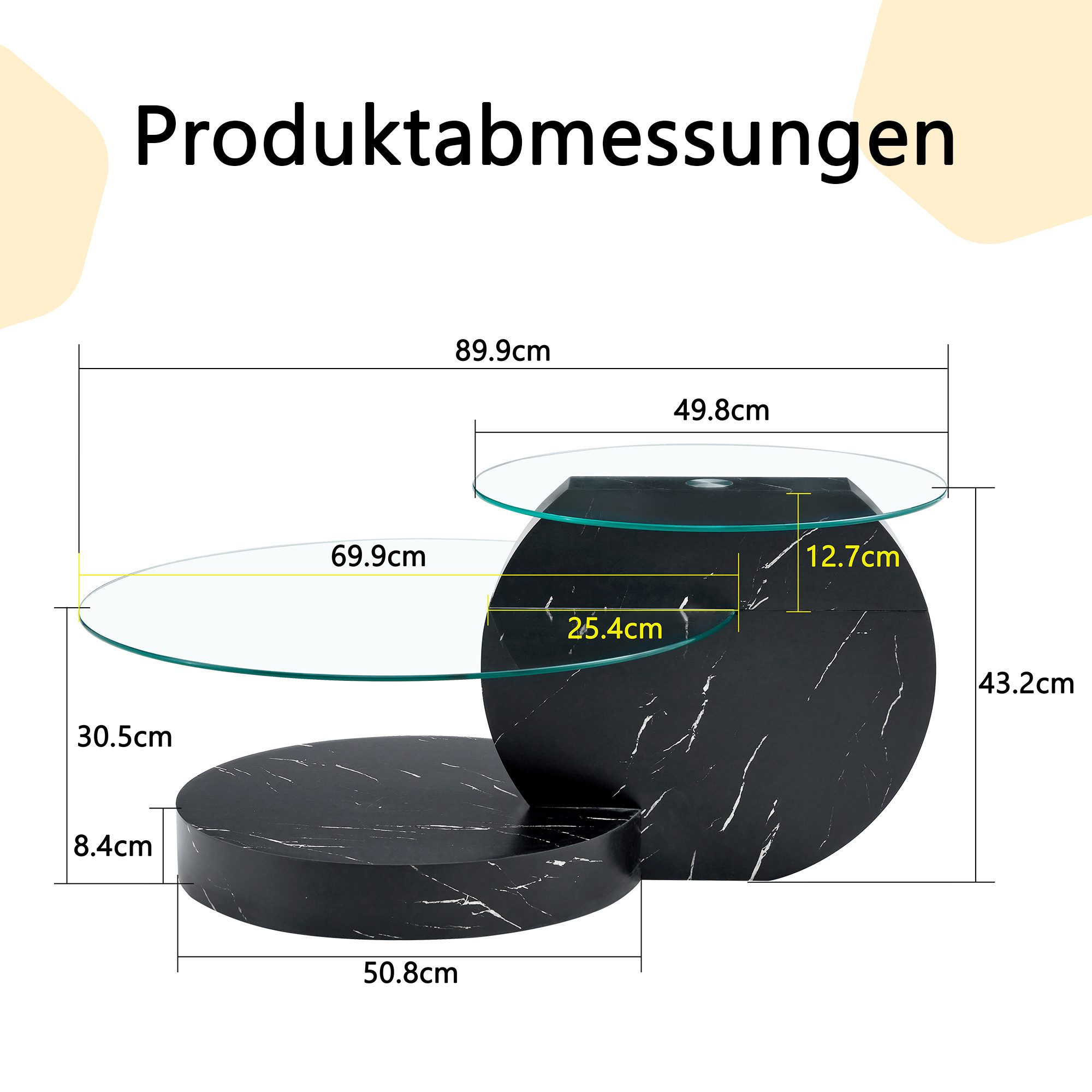 gopop Couchtisch 2er Set, Rundes Glas-Beistelltisch Wohnzimmertisch mit Stauraum, 6 mm Hartglasplatten, MDF-Basis, 90x70 cm