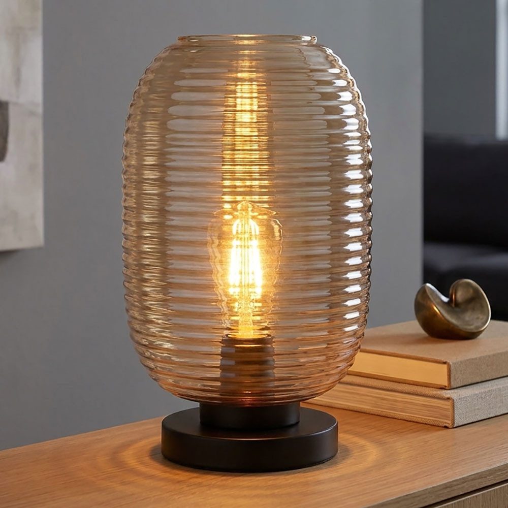 GLOBO LIGHTING Schreibtischlampe, Leuchtmittel inklusive, Warmweiß, LED Tischleuchte Metall Schwarz Amber Warmweiß 2700 K Schalter H34,5cm