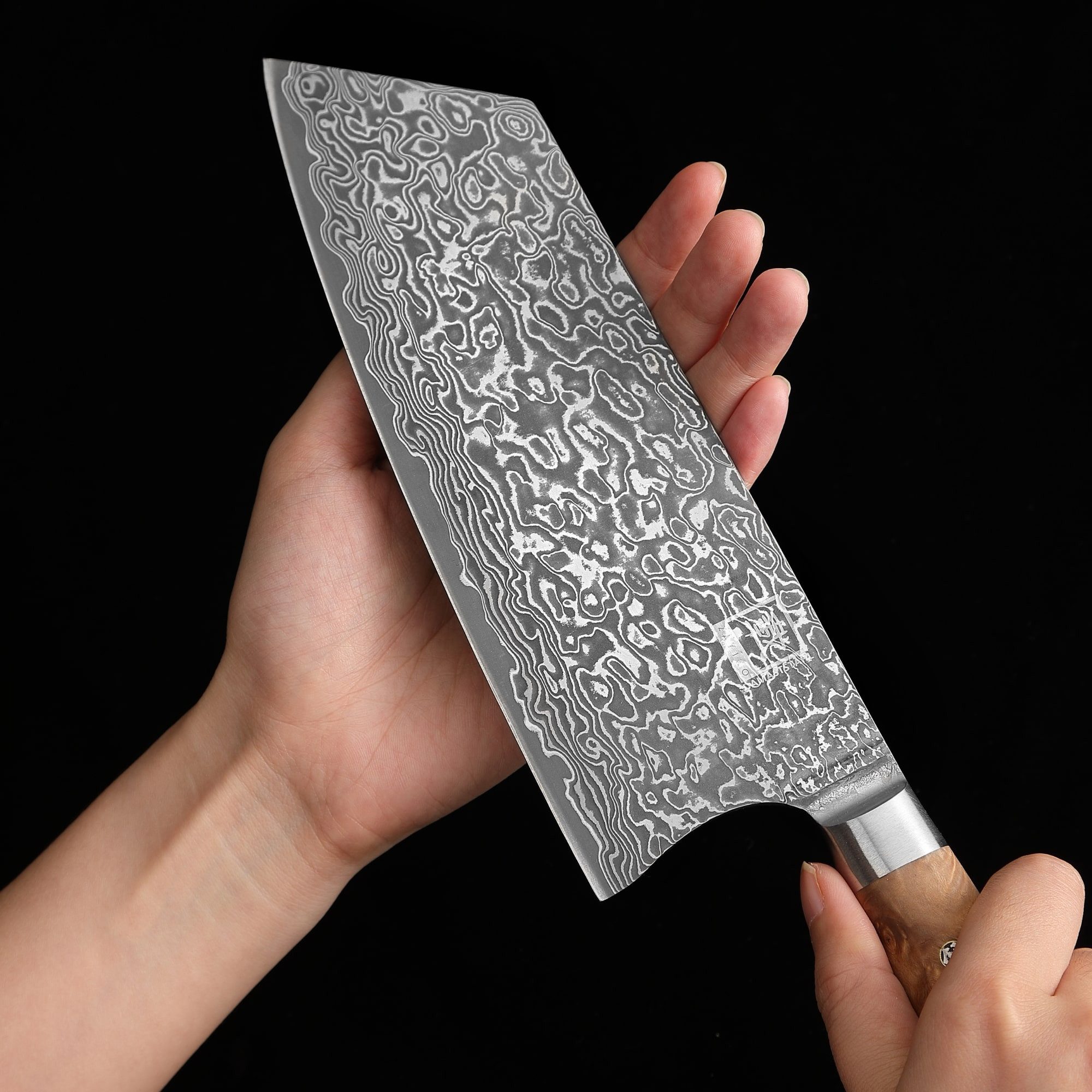 ZAYIKO Asiamesser Kinone Damast Kiritsuke Küchenmesser 20cm Klinge Wurzelholzgriff, schwarzer Damaststahl, VG10-Kern