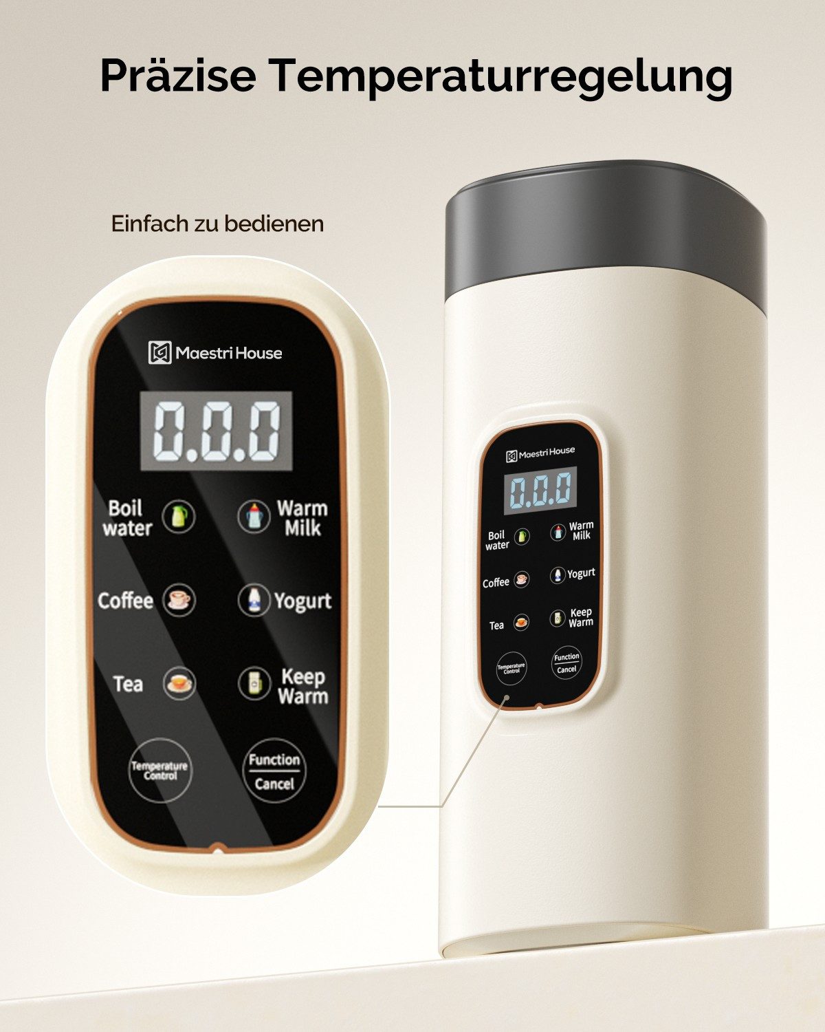 Maestri House Reise-Wasserkocher Intelligenter Wasserkocher mit 6 Temperaturstufen, 0.55 l, 400 W, 550 ml Schnellkochfunktion, kleiner Wasserkocher aus Edelstahl 304