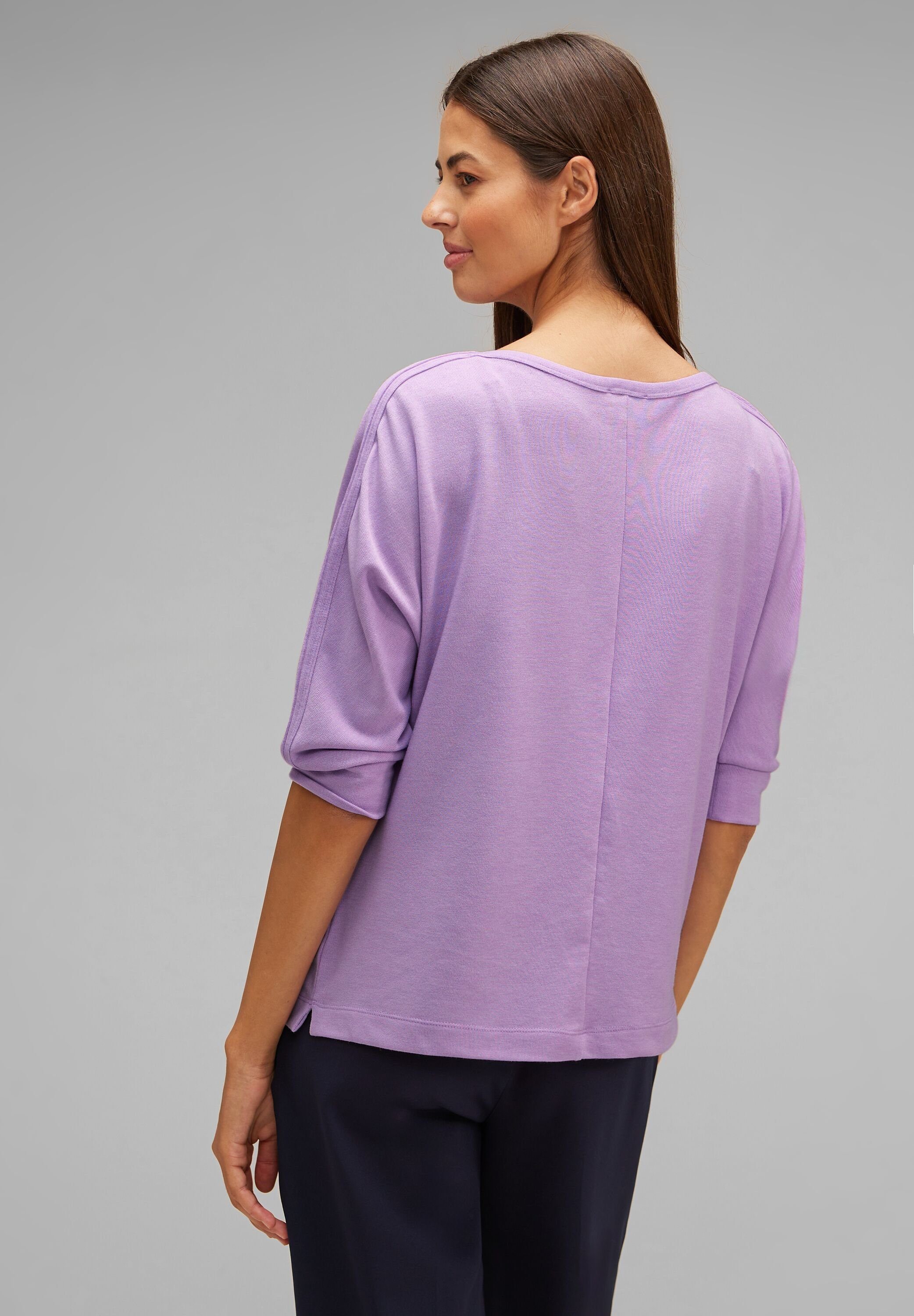 mit melange Schimmer Batwing 3/4-Arm-Shirt soft Typo-Print lilac pure Schimmernder Shirt Wording STREET ONE
