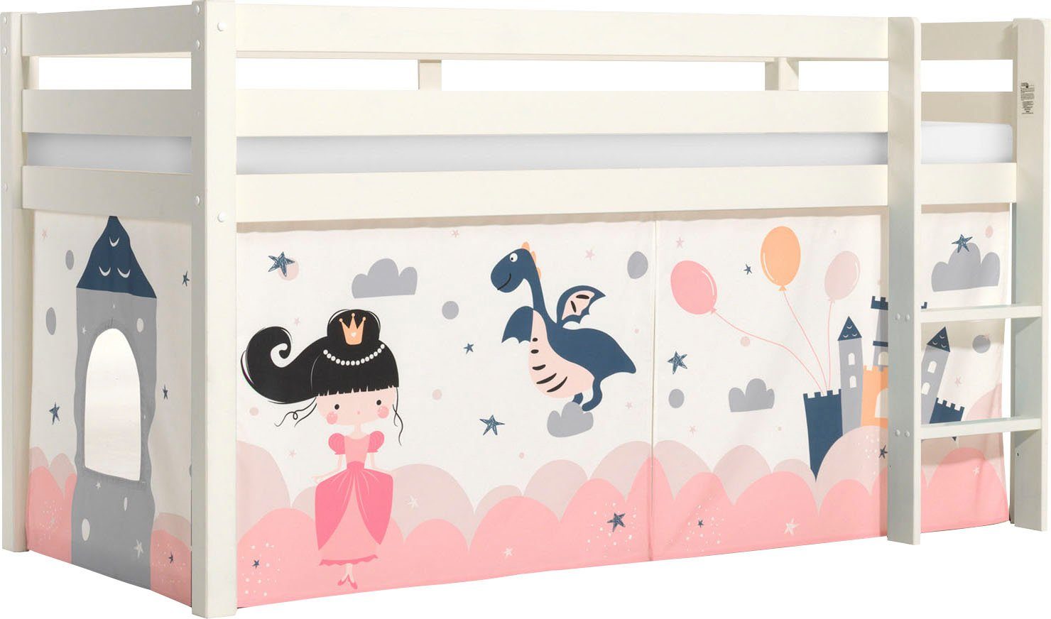 Vipack Spielbett Pino, Kiefer massiv, mit Rolllattenrost u. Textil-Set, Made in Europe (B/H/T ca. 210x114x106cm, mit Leiter und Absturzschutz), verschiedene Textil Dessins, 3 Gestellfarben zur Wahl