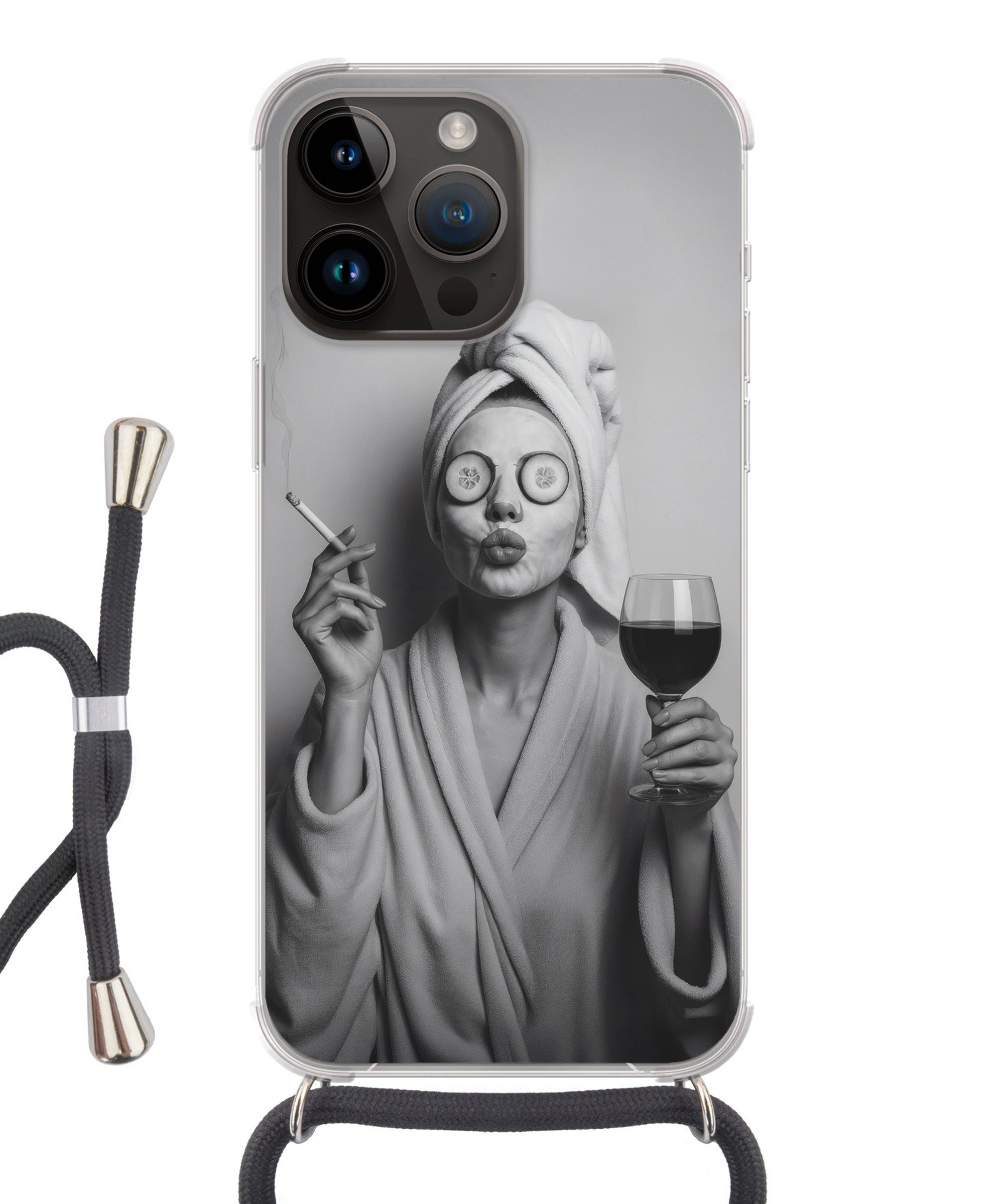 MuchoWow Handyhülle für Apple iPhone 14 Pro Frau - Maske - Wein - Zigarette, Tragbare Handyhüllen mit Kette zum umhängen, Handykette Handyband