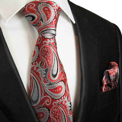 Paul Malone Krawatte Herren Seidenkrawatte mit Tuch modern paisley brokat 100% Seide (Set, 2-St., Krawatte mit Einstecktuch) Schmal (6cm), Extra lang (165cm), rot silber grau 563