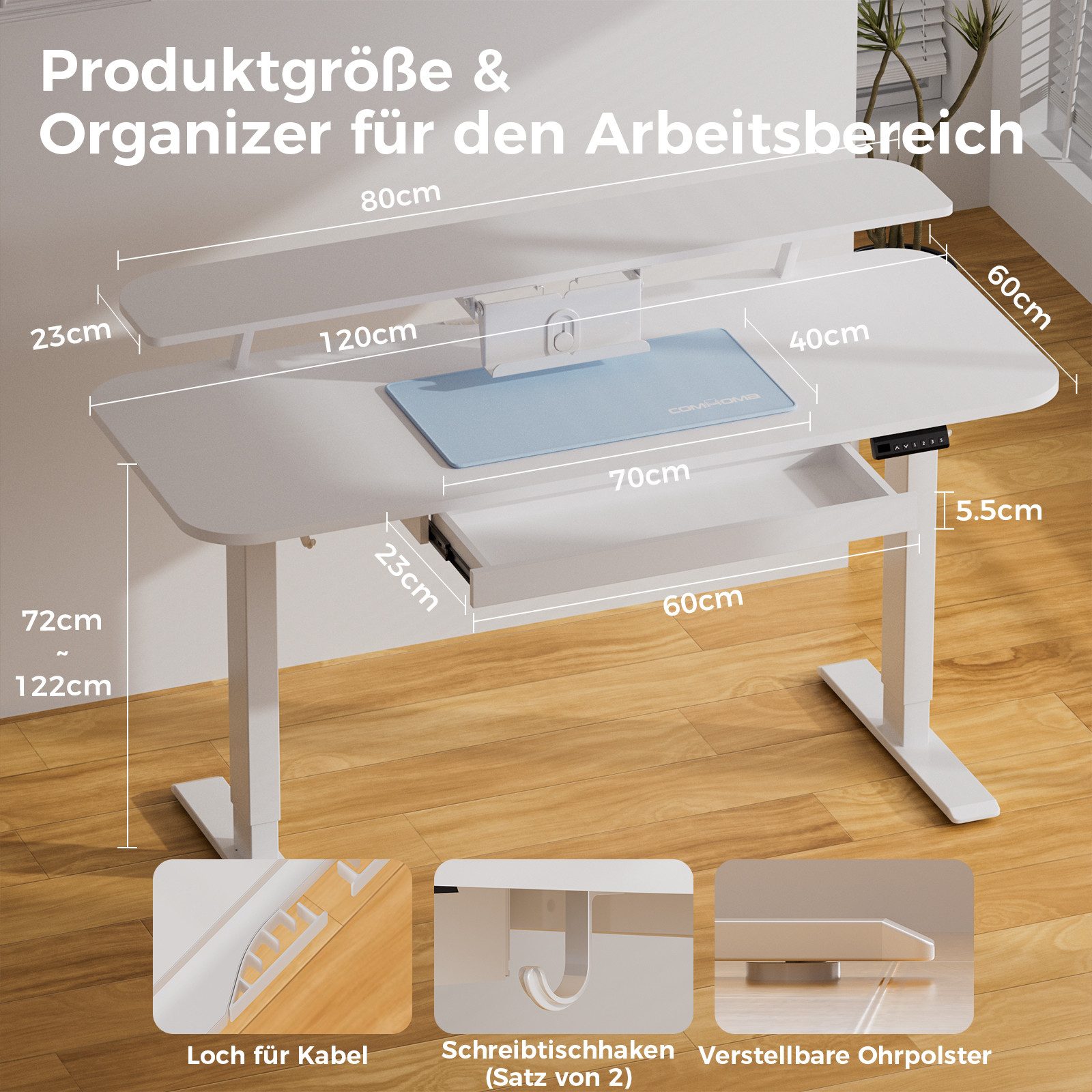 COMHOMA Schreibtisch Höhenverstellbarer Schreibtisch Elektrischer, 120x60cm elektrischer, mit Schubladen, Monitorständer, Tablet-Ständer und Mauspad