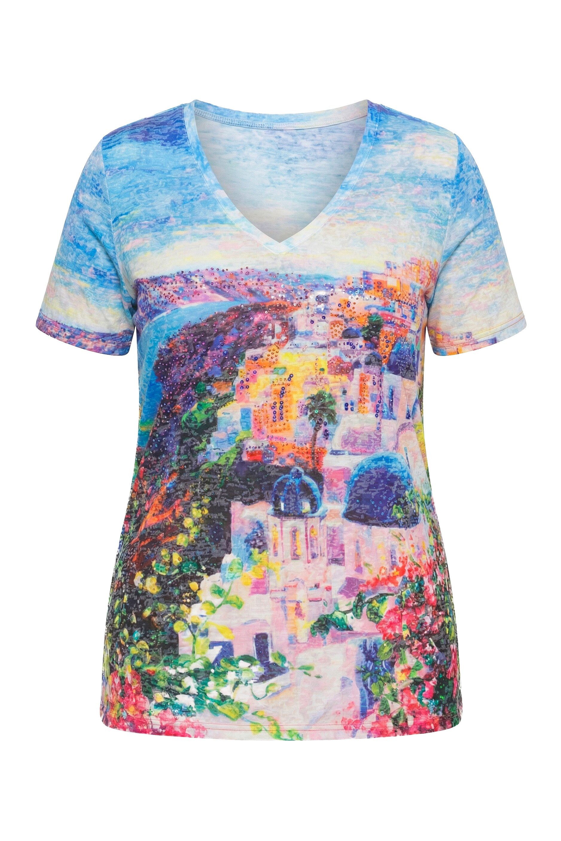 T-Shirt T-Shirt Glitzersteinchen Santorini-Druck