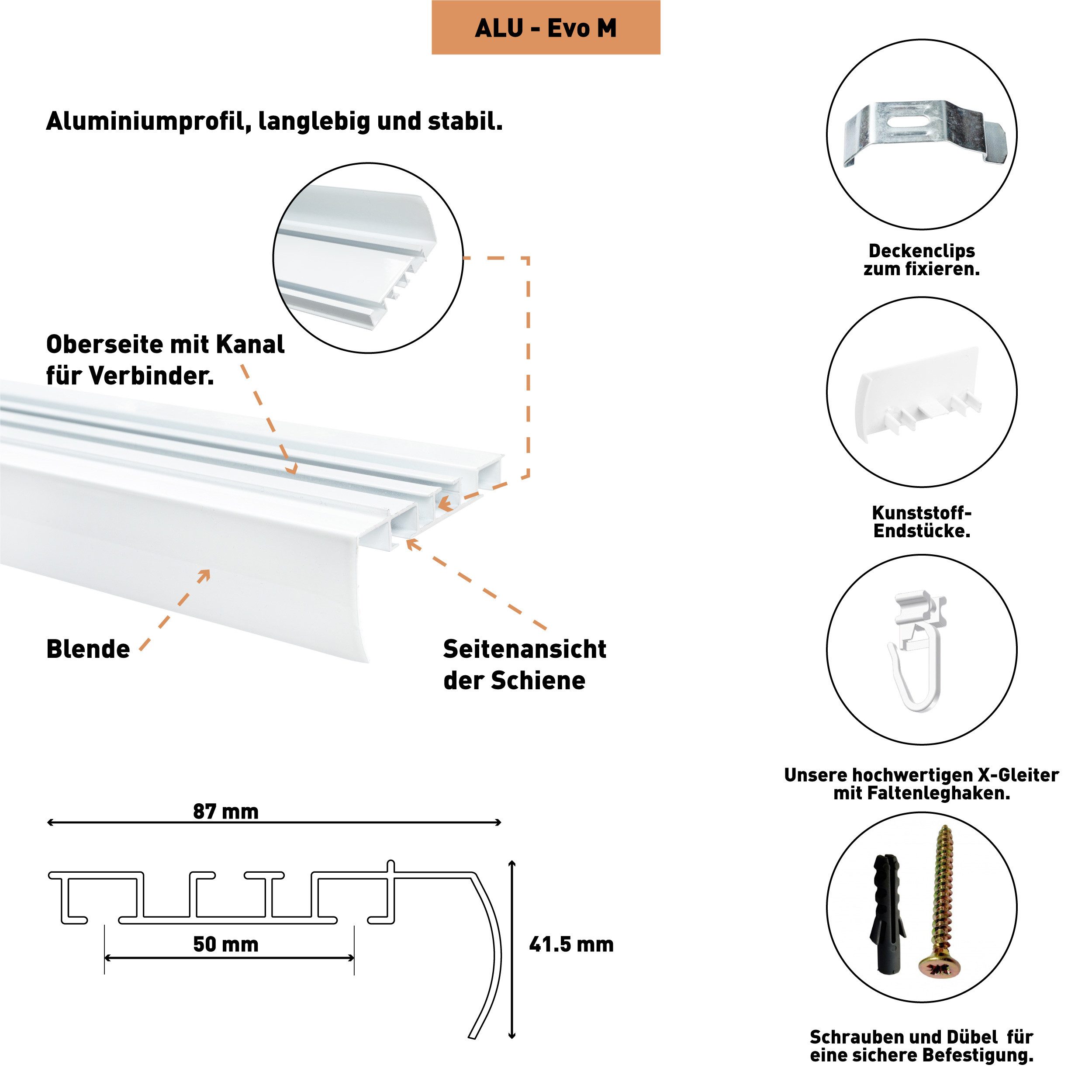 SN DECO GROUP Gardinenschiene Objektschiene EVO-M 2-läufig mit integrierter Blende, 2-läufig, Fixmaß, mit Bohren, verschraubt, Aluminium