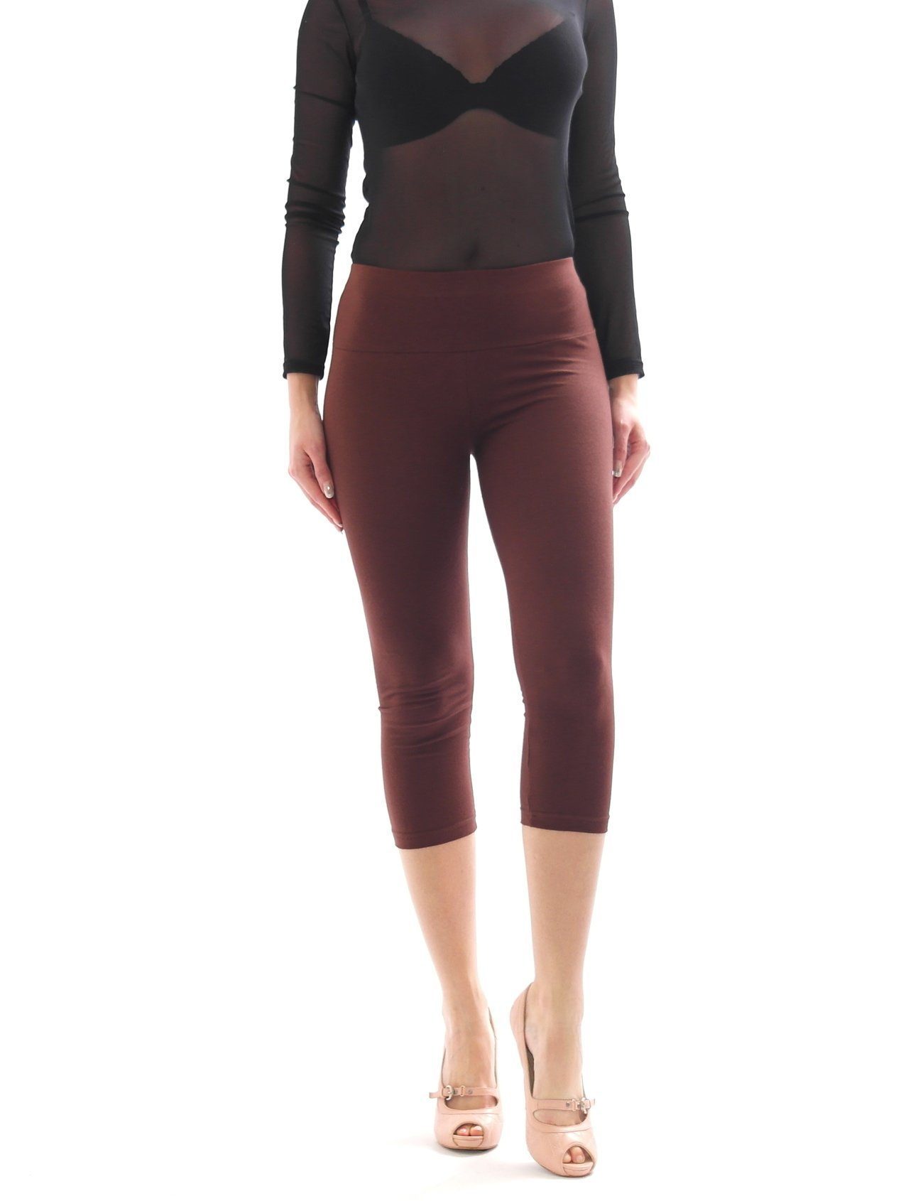 Baumwolle mit Bund Damen 3/4 Taschen Caprileggings Leggings SYS Hose Capri braun hoher Leggins