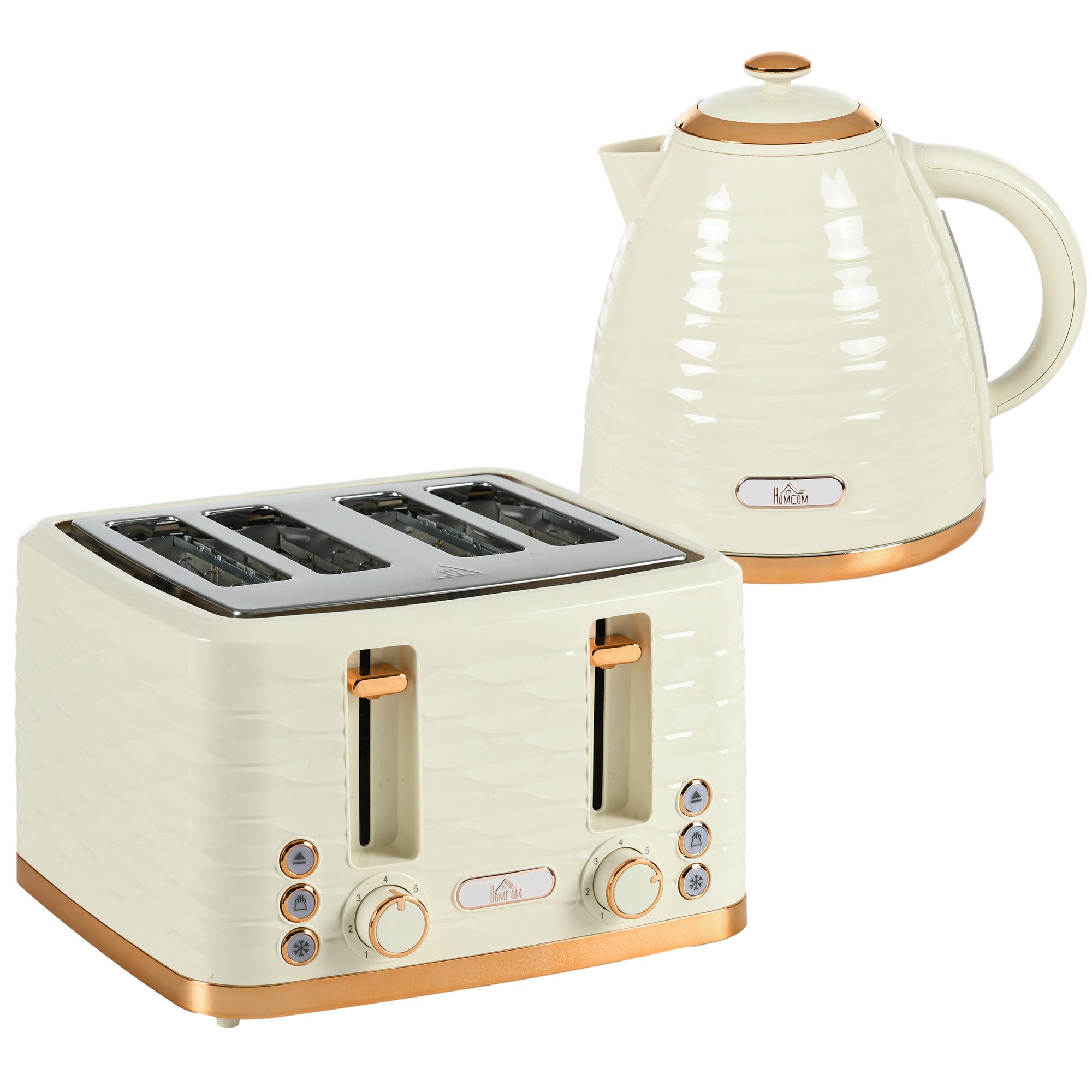 HOMCOM Toaster Wasserkocher Frühstück-Set: 1,7L, 4 Scheiben, 7 Bräunungsstufen, Kocher-Toaster-Set, für Frühstückszubereitung, 2200 W, Auftauen, Aufwärmen und Krümelfach, Otter Thermostat, Beige