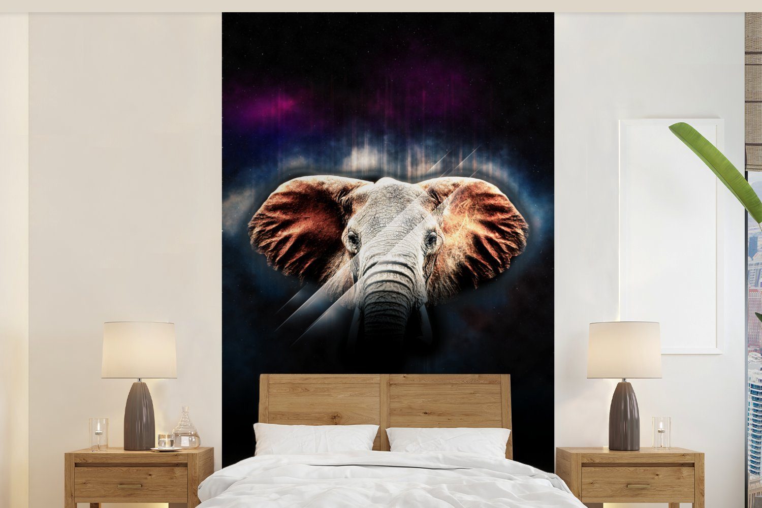 MuchoWow Fototapete Elefant - Schwarz - Farben, Matt, bedruckt, (3 St), Wallpaper für Wohnzimmer, Schlafzimmer, Kinderzimmer, Vinyl Tapete