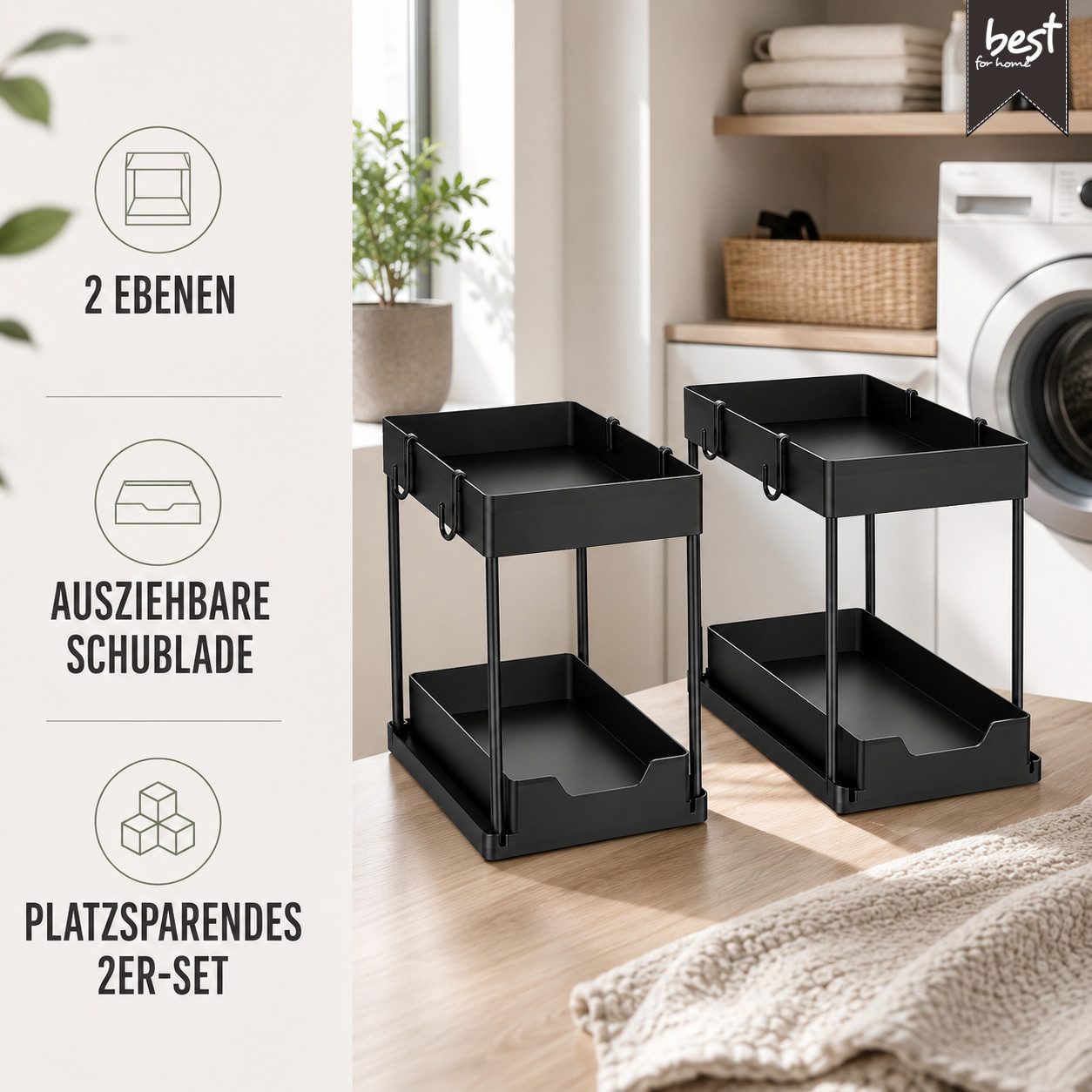 Best for Home Küchenorganizer-Set Küchen Organizer 2er-Set mit ausziehbarer Schublade Schwarz für Küche, (2-teilig, 2-tlg., 2er-Set, ca. 38×20×33 cm pro Einheit – Bild 2 von 5