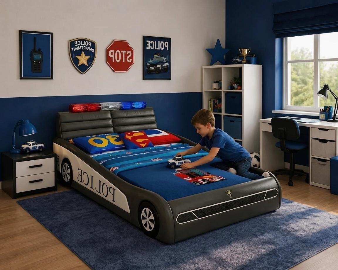 Xlmoebel Autobett Schwarzes LED Polizeiauto Kinderbett aus Holz für Jungen, Made in Europa