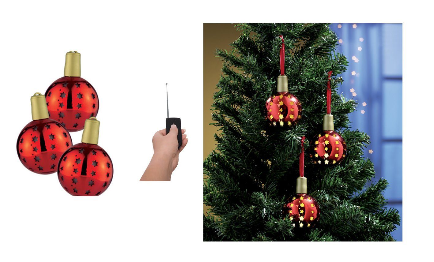 Weihnachtsbaum rot LED Schmuck 3x Ferbedienung Kugeln beleuchtet Christbaumschmuck mit Baum Christbaumschmuck kabellos dynamic24 (3-tlg),