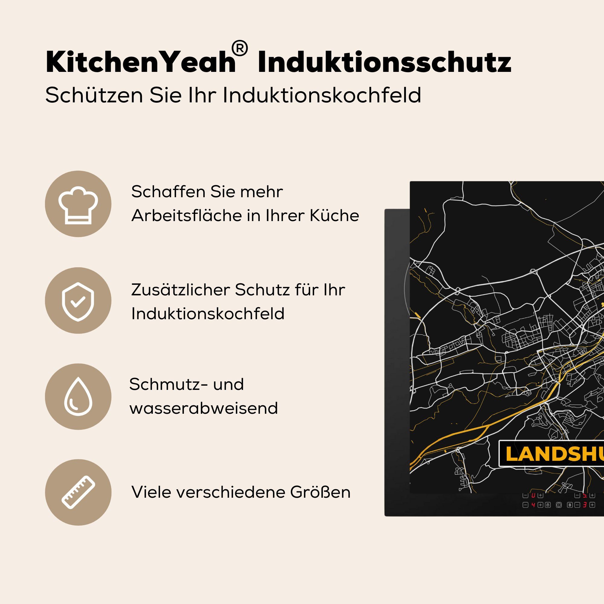 MuchoWow Herdblende-/Abdeckplatte Gold Vinyl, Deutschland Ceranfeldabdeckung, Landshut, küche - - Arbeitsplatte Karte 78x78 tlg), cm, für - - (1 Stadtplan