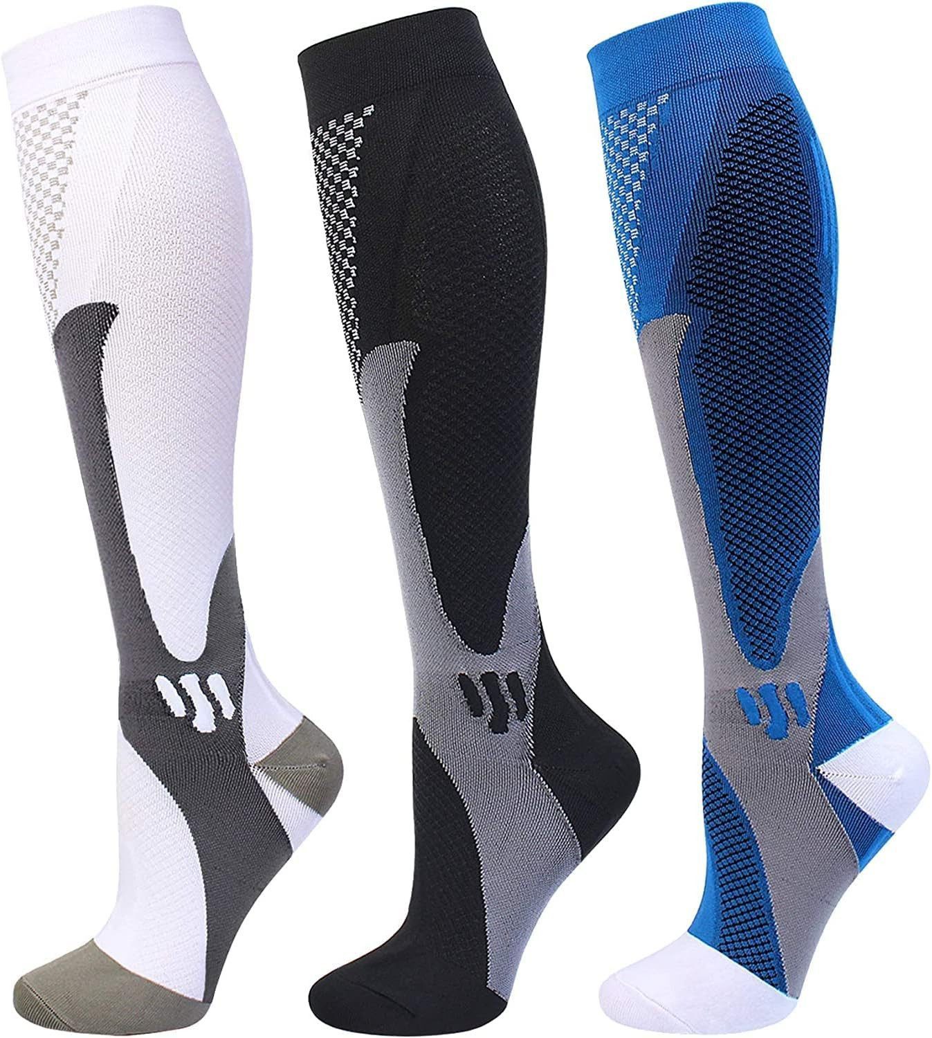 Blusmart Stützkniestrümpfe Kompressionssocken für Damen und Herren (3 Paar Stützsocken, Thrombose-Socken mit hohem Tragekomfort) Geeignet für Sport, Laufen, Fliegen, Reisen, Radfahren