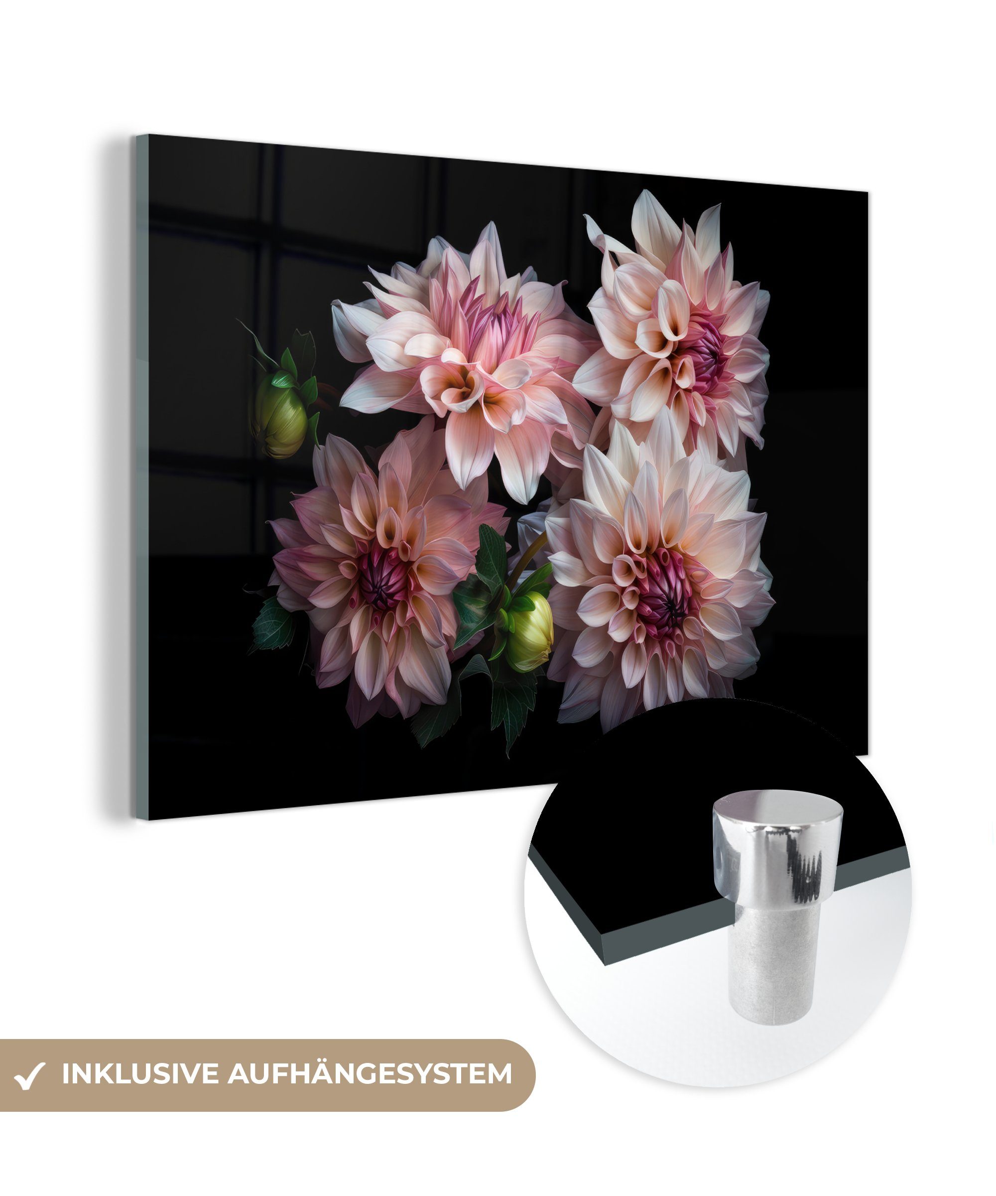 MuchoWow Acrylglasbild Dahlie - Weiß - Blumen - Rosa - Natur, (1 St), Glasbilder - Bilder auf Glas Wandbild - Foto auf Glas - Wanddekoration | Bilder