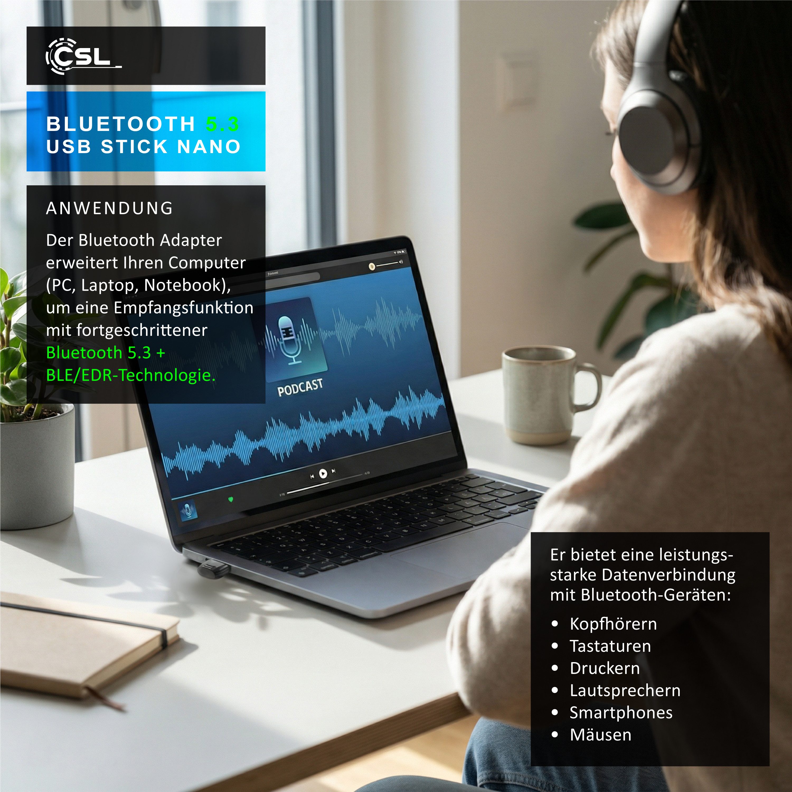 CSL BT USB Stick Nano, BT5.3 Adapter / Dongle, Empfänger & Sender Bluetooth-Adapter USB zu USB Typ A, Plug&Play, Auto-Reconnect, bis 20 m, bis 7 Geräte, 3 Mbit/s