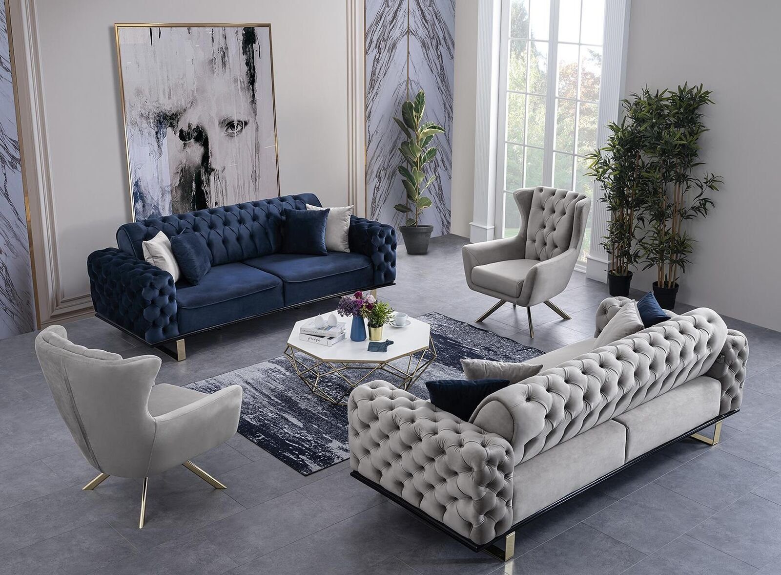 Luxus JVmoebel Sofa Wohnzimmer Möbel Couch Blaue Einrichtung 228cm Chesterfield Chesterfield-Sofa,