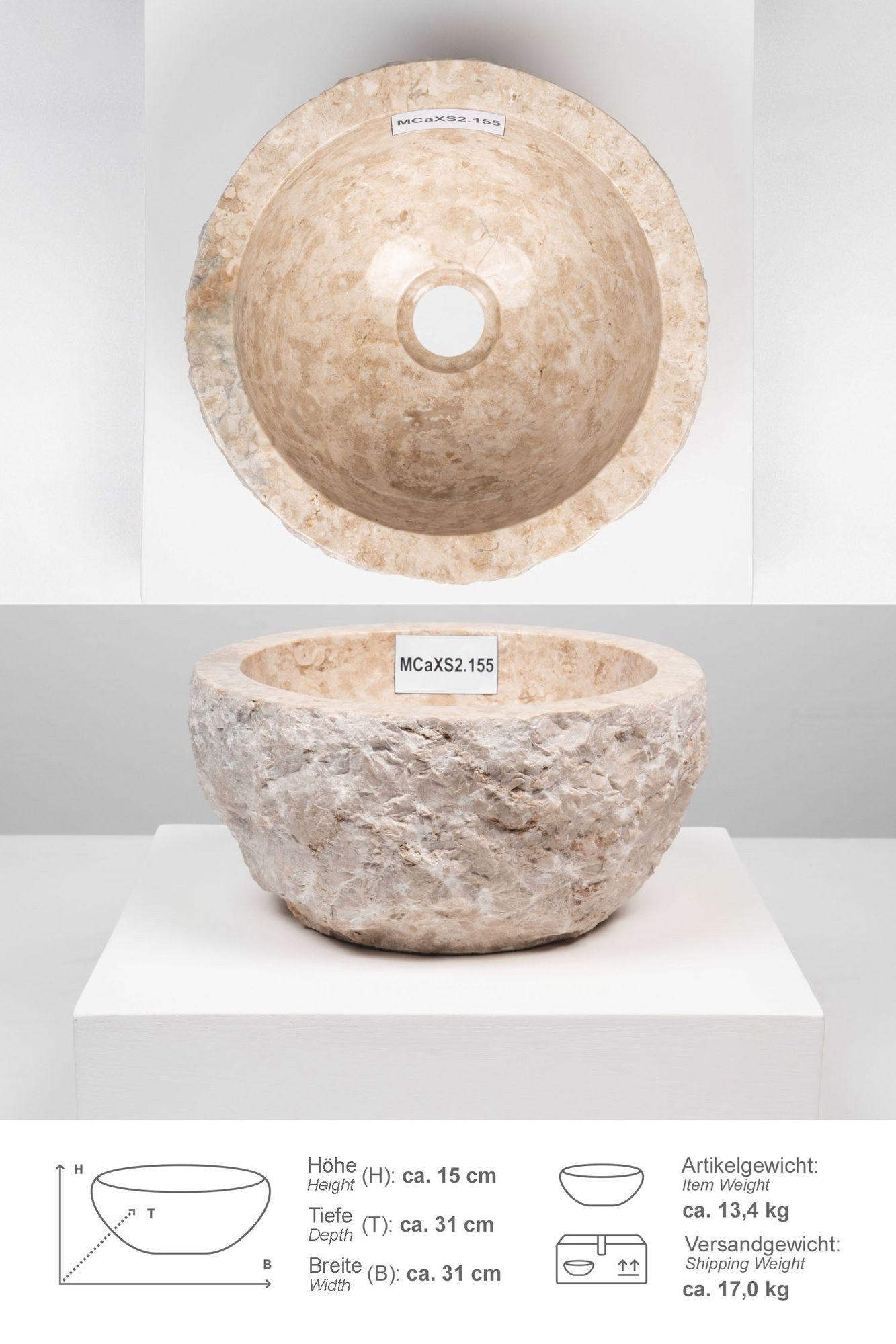 wohnfreuden Aufsatzwaschbecken Erosi Marmor Waschbecken 30 cm creme (Kein S günstig online kaufen