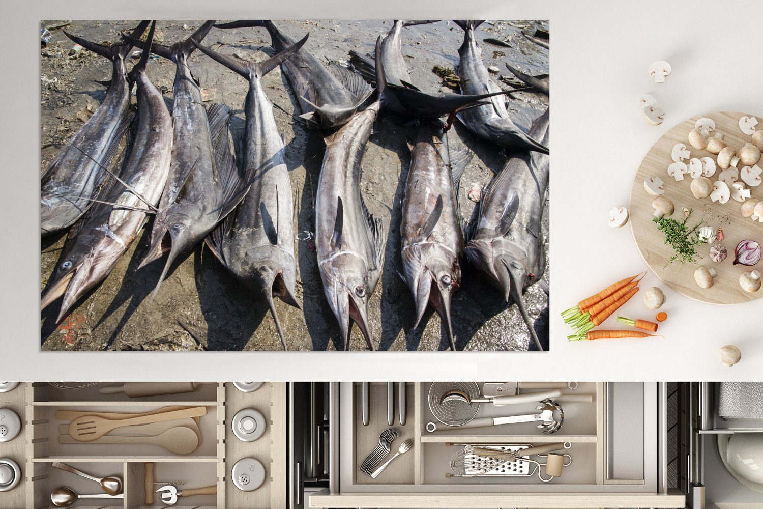 MuchoWow Herdblende-/Abdeckplatte toten Schutz für die Reihe Schwertfischen, Ceranfeldabdeckung (1 von Eine Vinyl, küche, Induktionskochfeld tlg), cm, 81x52
